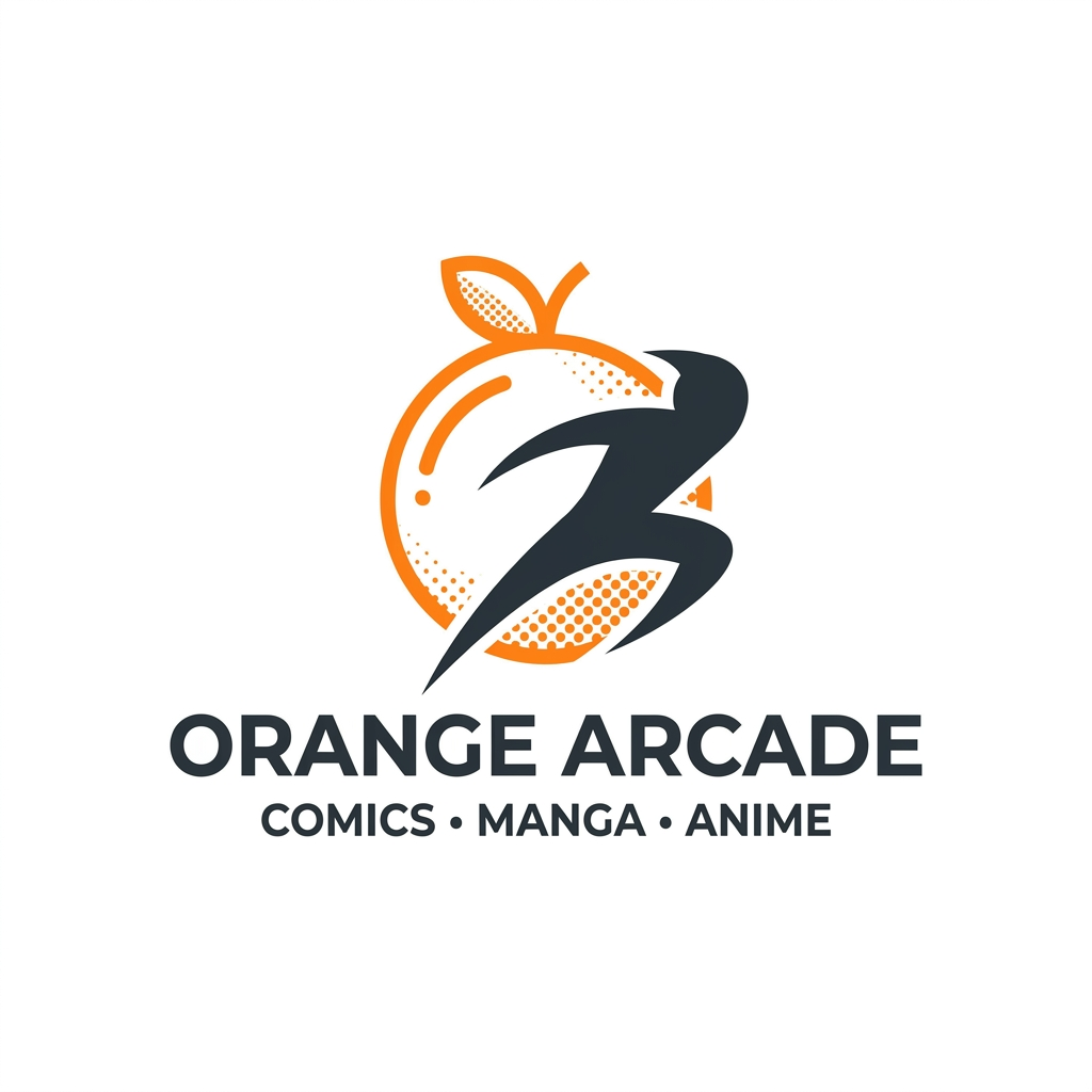AI Design for A minimalist, high-end corporate logo design for an online store specializing in comics, manga, and anime merchandise. The centerpiece is a stylized orange fruit icon featuring clean-line vector aesthetics, seamlessly integrated with subtle halftone dot textures and a dynamic, bold action-line silhouette. The design utilizes a vibrant, professional color palette of bright orange and deep charcoal on a crisp white background, emphasizing a modern, global brand identity.