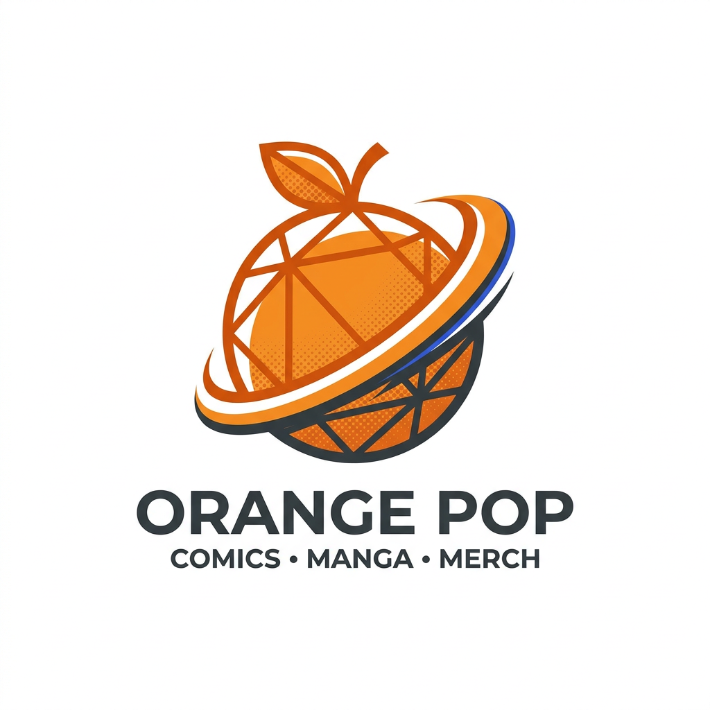 AI Design for A minimalist, high-end corporate logo design for an online store specializing in comics, manga, and anime merchandise. The icon features a stylized, clean-line orange graphic integrated with subtle comic book elements like halftone dot patterns or a bold, dynamic action-line silhouette. The design uses a vibrant, professional color palette suitable for a global brand, rendered on a clean white background with sharp vector aesthetics. Logo it is a orange fruit
