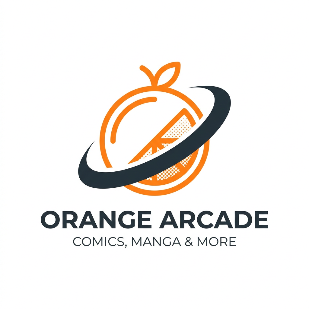 AI Design for A minimalist, high-end corporate logo design for an online store specializing in comics, manga, and anime merchandise. The centerpiece is a stylized orange fruit icon featuring clean-line vector aesthetics, seamlessly integrated with subtle halftone dot textures and a dynamic, bold action-line silhouette. The design utilizes a vibrant, professional color palette of bright orange and deep charcoal on a crisp white background, emphasizing a modern, global brand identity.