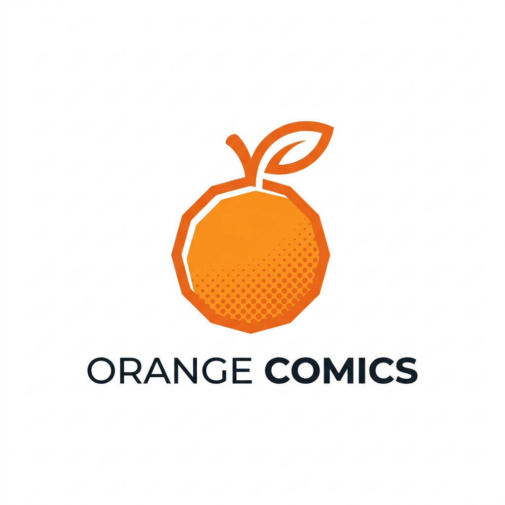AI Design for A minimalist, high-end corporate logo design for an online store specializing in comics, manga, and anime merchandise. The icon features a stylized, clean-line orange graphic integrated with subtle comic book elements like halftone dot patterns or a bold, dynamic action-line silhouette. The design uses a vibrant, professional color palette suitable for a global brand, rendered on a clean white background with sharp vector aesthetics. Logo it is a orange fruit
