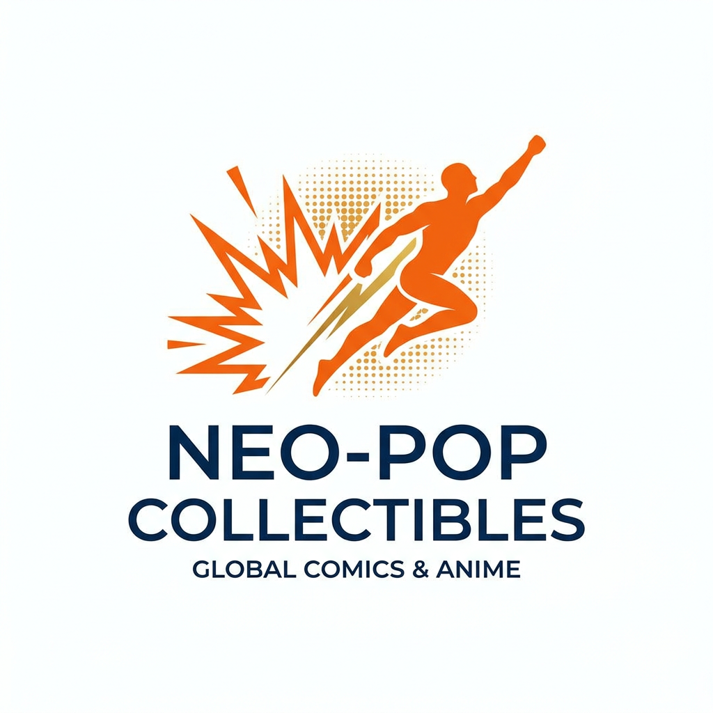 AI Design for A minimalist, high-end corporate logo design for an online store specializing in comics, manga, and anime merchandise. The icon features a stylized, clean-line orange graphic integrated with subtle comic book elements like halftone dot patterns or a bold, dynamic action-line silhouette. The design uses a vibrant, professional color palette suitable for a global brand, rendered on a clean white background with sharp vector aesthetics.