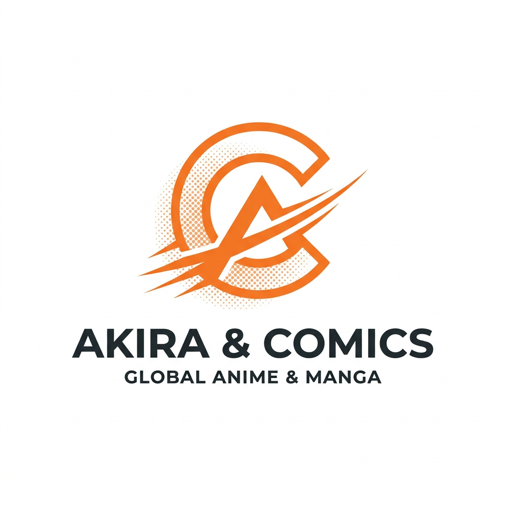 AI Design for A minimalist, high-end corporate logo design for an online store specializing in comics, manga, and anime merchandise. The icon features a stylized, clean-line orange graphic integrated with subtle comic book elements like halftone dot patterns or a bold, dynamic action-line silhouette. The design uses a vibrant, professional color palette suitable for a global brand, rendered on a clean white background with sharp vector aesthetics.