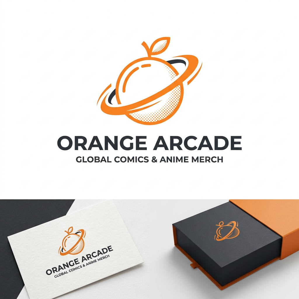 AI Design for A minimalist, high-end corporate logo design for an online store specializing in comics, manga, and anime merchandise. The centerpiece is a stylized orange fruit icon featuring clean-line vector aesthetics, seamlessly integrated with subtle halftone dot textures and a dynamic, bold action-line silhouette. The design utilizes a vibrant, professional color palette of bright orange and deep charcoal on a crisp white background, emphasizing a modern, global brand identity.