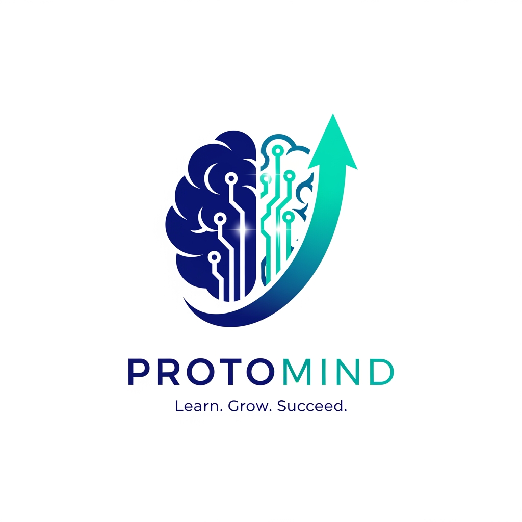 AI Design for Design a modern professional technology company logo for "PROTOMIND". Create a minimalist brain combined with circuit lines and an upward growth arrow. Use deep blue and teal colors. Clean corporate style, vector logo, premium startup branding, suitable for AI, education, innovation, and technology. Place the company name "PROTOMIND" below the icon in a modern sans-serif font. Add the tagline "Learn. Grow. Succeed." underneath. White background, scalable, professional, memorable, and investor-ready.