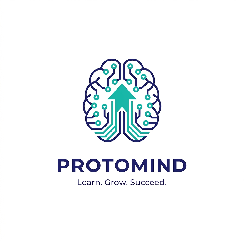 AI Design for Design a modern professional technology company logo for "PROTOMIND". Create a minimalist brain combined with circuit lines and an upward growth arrow. Use deep blue and teal colors. Clean corporate style, vector logo, premium startup branding, suitable for AI, education, innovation, and technology. Place the company name "PROTOMIND" below the icon in a modern sans-serif font. Add the tagline "Learn. Grow. Succeed." underneath. White background, scalable, professional, memorable, and investor-ready.