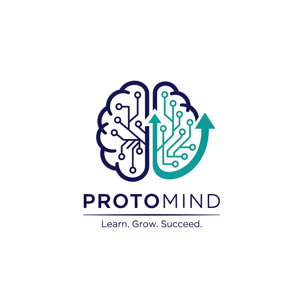 AI Design for Design a modern professional technology company logo for "PROTOMIND". Create a minimalist brain combined with circuit lines and an upward growth arrow. Use deep blue and teal colors. Clean corporate style, vector logo, premium startup branding, suitable for AI, education, innovation, and technology. Place the company name "PROTOMIND" below the icon in a modern sans-serif font. Add the tagline "Learn. Grow. Succeed." underneath. White background, scalable, professional, memorable, and investor-ready.