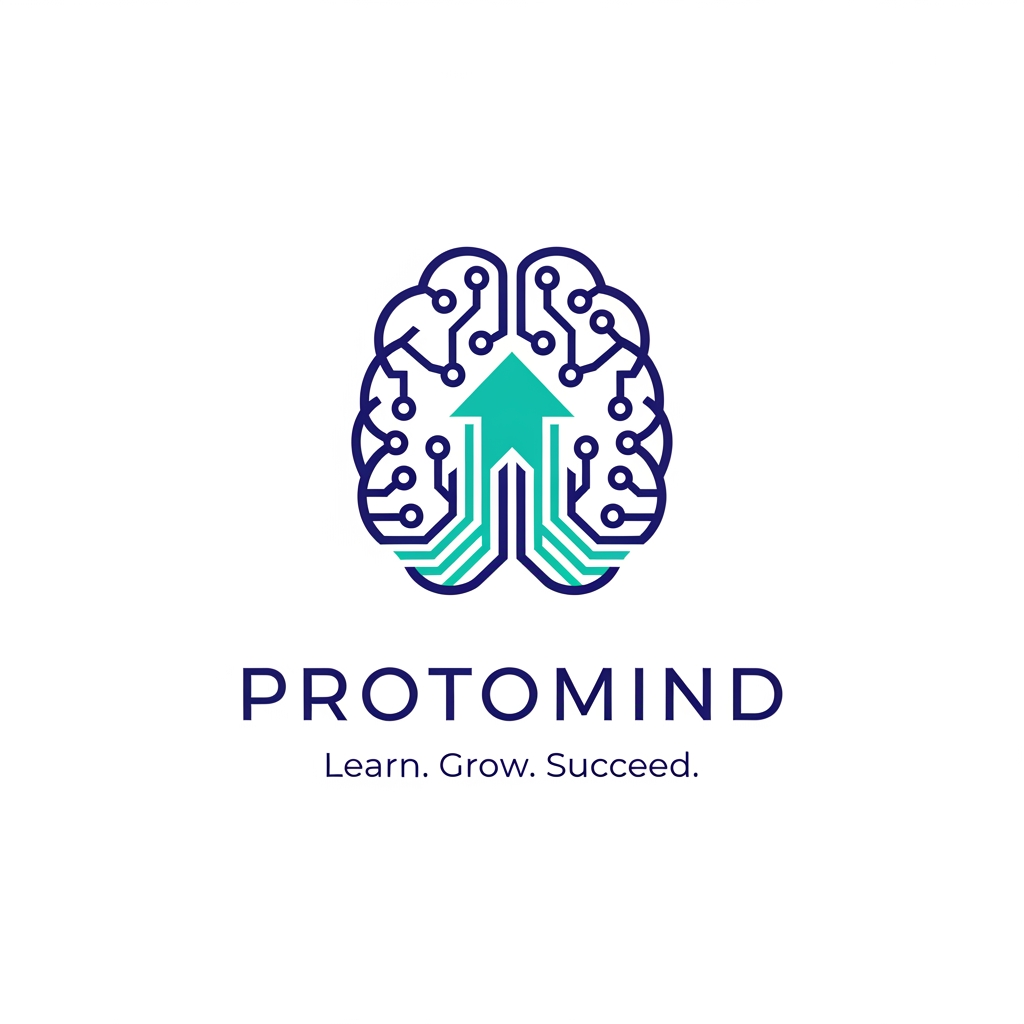 AI Design for Design a modern professional technology company logo for "PROTOMIND". Create a minimalist brain combined with circuit lines and an upward growth arrow. Use deep blue and teal colors. Clean corporate style, vector logo, premium startup branding, suitable for AI, education, innovation, and technology. Place the company name "PROTOMIND" below the icon in a modern sans-serif font. Add the tagline "Learn. Grow. Succeed." underneath. White background, scalable, professional, memorable, and investor-ready.