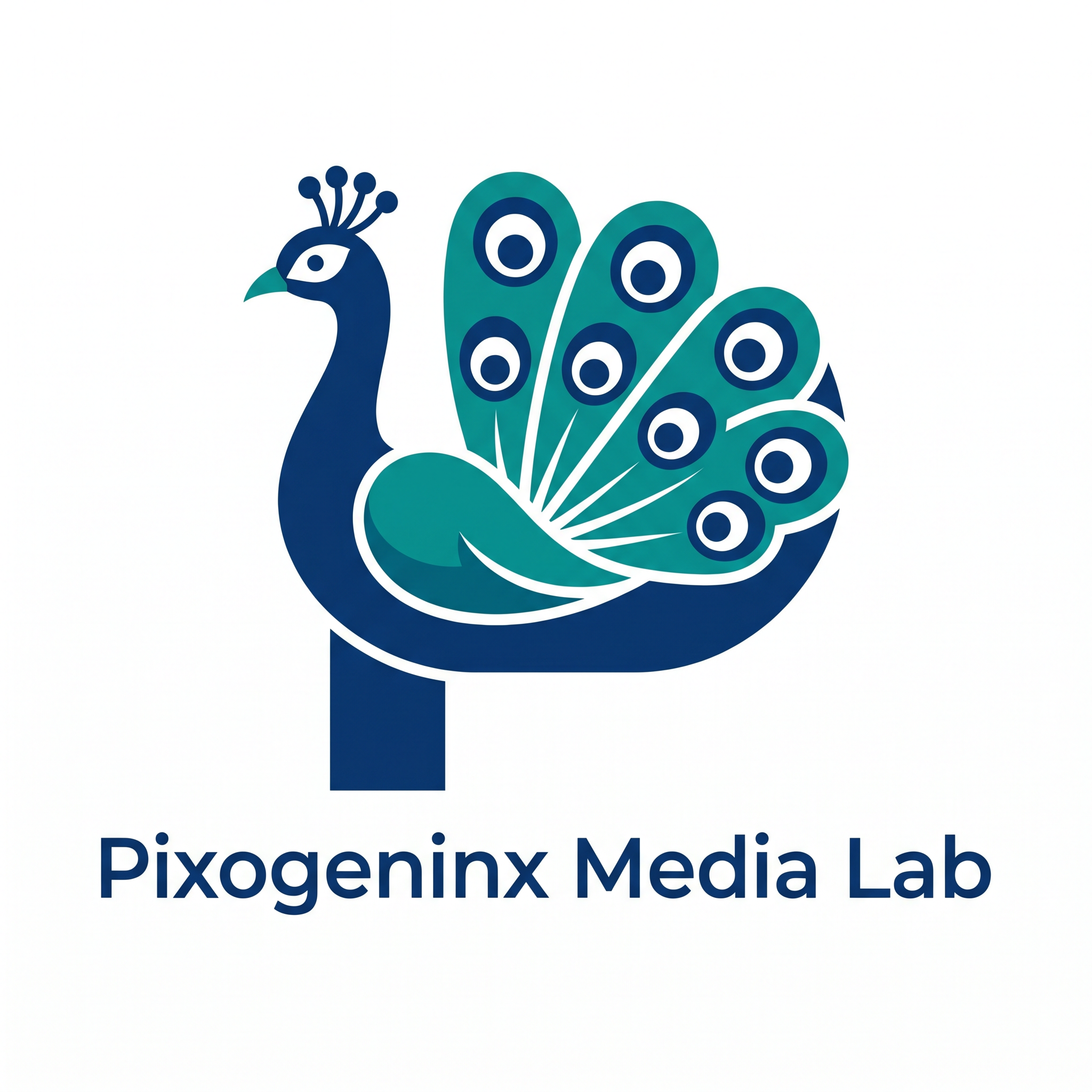 AI Design for Peacocks are majestic they are the national bird of INDIA plus Peacocks are related with Lord krishna so it also has a spiritual value. Make a logo with the letter "P". A peacock logo. The logo should look like a beautiful peacock is built on the letter P fully implemented withe the peacock. Like how kids draw an animal with alphabets. Just like that. It should Feel like the P has turned into a peacock. The logo must be vectorized and mono/dual color. This is a logo for my agency name d"Pixogeninx Media Lab"