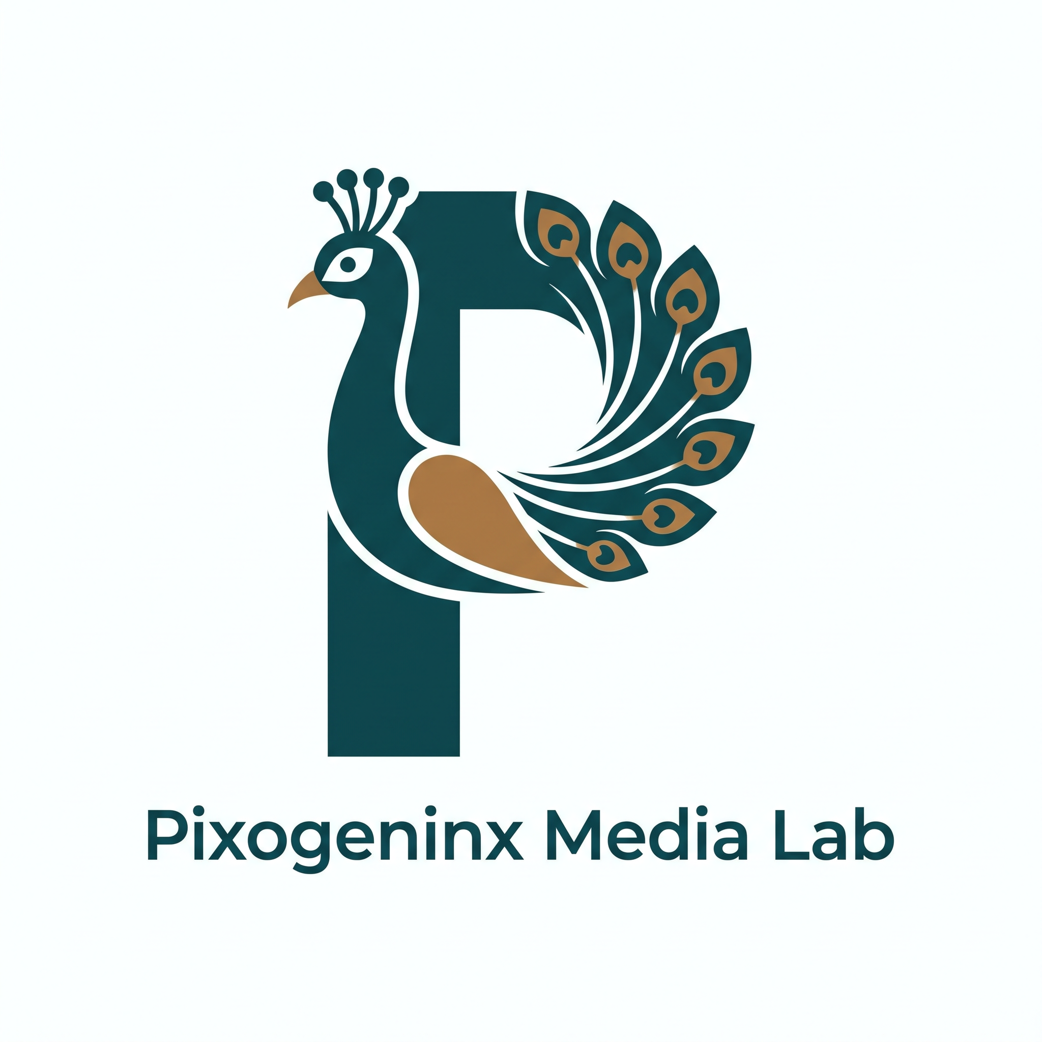 AI Design for Peacocks are majestic they are the national bird of INDIA plus Peacocks are related with Lord krishna so it also has a spiritual value. Make a logo with the letter "P". A peacock logo. The logo should look like a beautiful peacock is built on the letter P fully implemented withe the peacock. Like how kids draw an animal with alphabets. Just like that. It should Feel like the P has turned into a peacock. The logo must be vectorized and mono/dual color. This is a logo for my agency name d"Pixogeninx Media Lab"