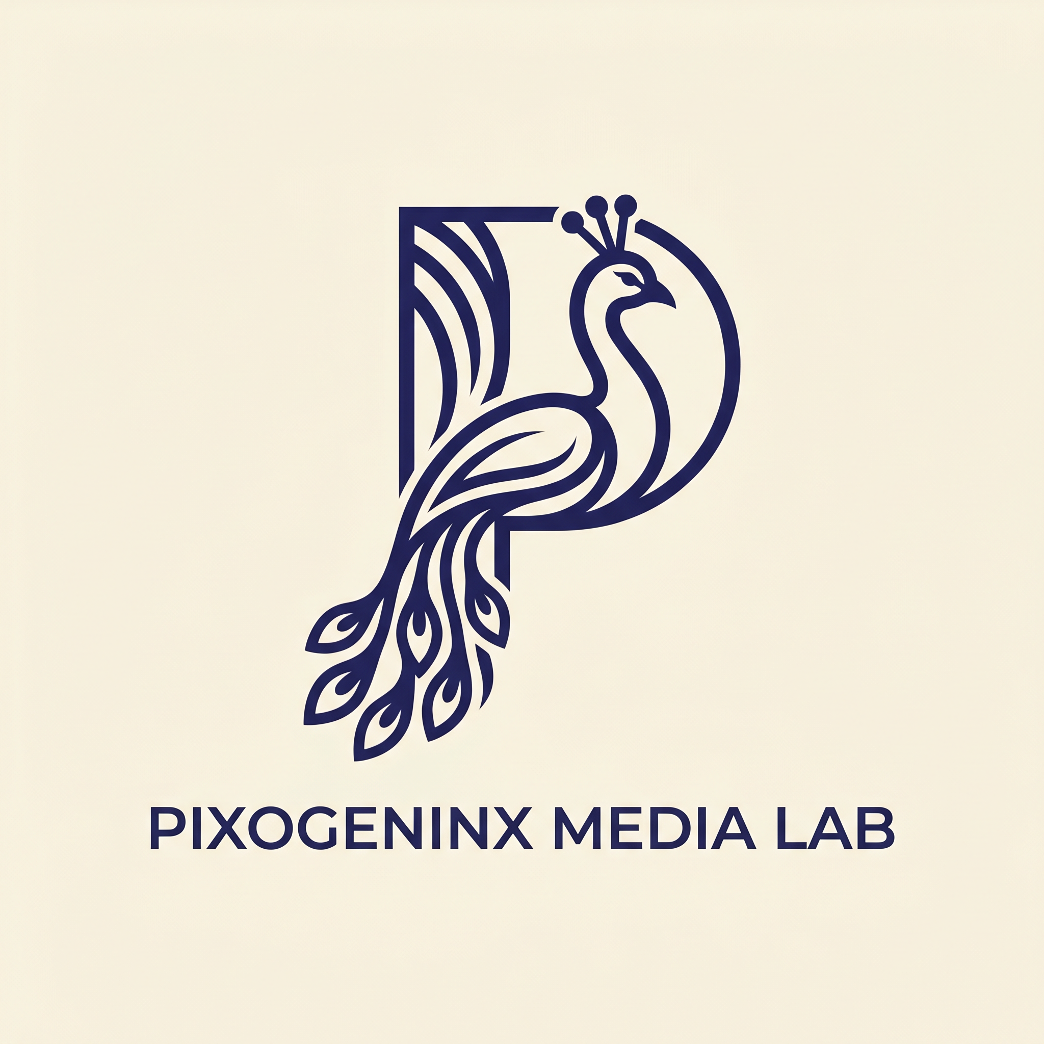 AI Design for Peacocks are majestic they are the national bird of INDIA plus Peacocks are related with Lord krishna so it also has a spiritual value. Make a logo with the letter "P". A peacock logo. The logo should look like a beautiful peacock is built on the letter P fully implemented withe the peacock. Like how kids draw an animal with alphabets. Just like that. It should Feel like the P has turned into a peacock. The logo must be vectorized and single or dual color. This is a logo for my agency named "Pixogeninx Media Lab". Logo must not be colorful or 3d. It should be 2d Flat vector. I want a simple luxury professional and modern vibe