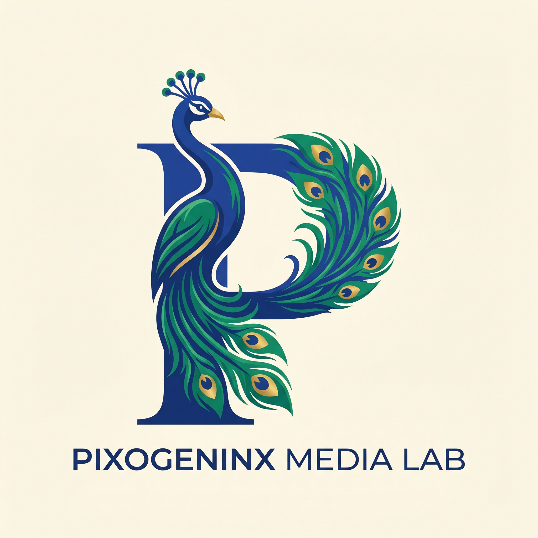 AI Design for Peacocks are majestic they are the national bird of INDIA plus Peacocks are related with Lord krishna so it also has a spiritual value. Make a logo with the letter "P". A peacock logo. The logo should look like a beautiful peacock is built on the letter P fully implemented withe the peacock. Like how kids draw an animal with alphabets. Just like that. It should Feel like the P has turned into a peacock. The logo must be vectorized and mono/dual color. This is a logo for my agency name d"Pixogeninx Media Lab"