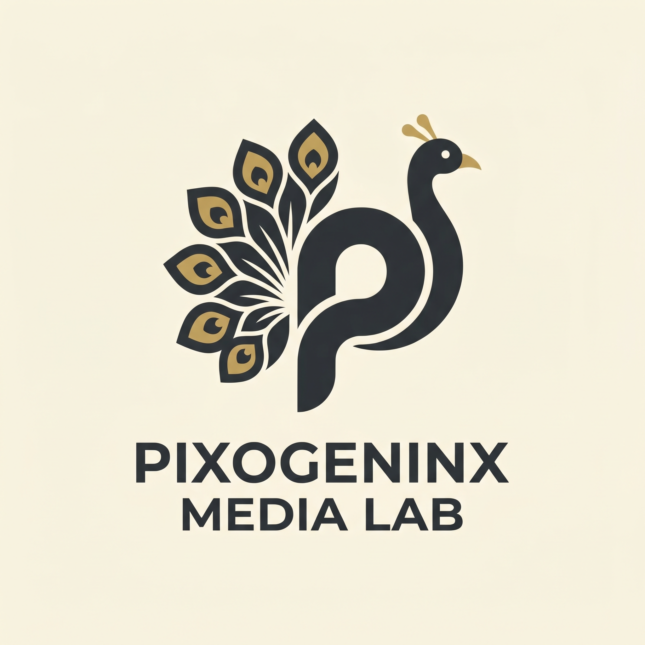 AI Design for Peacocks are majestic they are the national bird of INDIA plus Peacocks are related with Lord krishna so it also has a spiritual value. Make a logo with the letter "P". A peacock logo. The logo should look like a beautiful peacock is built on the letter P fully implemented withe the peacock. Like how kids draw an animal with alphabets. Just like that. It should Feel like the P has turned into a peacock. The logo must be vectorized and single or dual color. This is a logo for my agency named "Pixogeninx Media Lab". Logo must not be colorful or 3d. It should be 2d Flat vector. I want a simple luxury professional and modern vibe