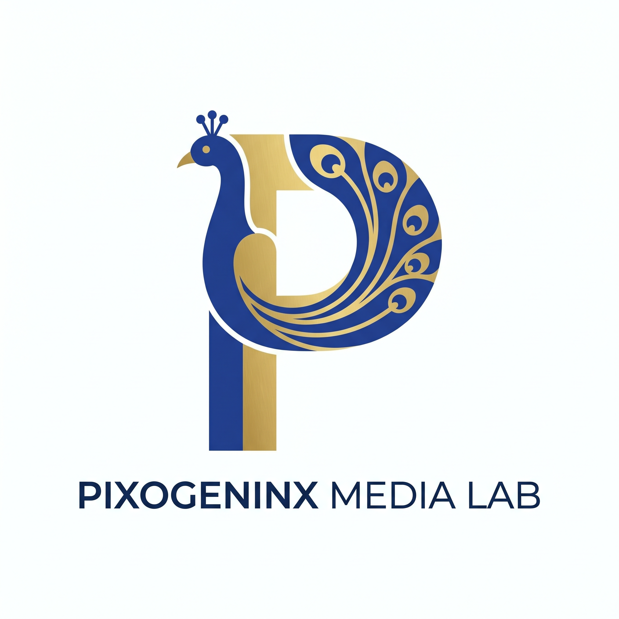 AI Design for Peacocks are majestic they are the national bird of INDIA plus Peacocks are related with Lord krishna so it also has a spiritual value. Make a logo with the letter "P". A peacock logo. The logo should look like a beautiful peacock is built on the letter P fully implemented withe the peacock. Like how kids draw an animal with alphabets. Just like that. It should Feel like the P has turned into a peacock. The logo must be vectorized and single or dual color. This is a logo for my agency named "Pixogeninx Media Lab". Logo must not be colorful or 3d. It should be 2d Flat vector. I want a simple luxury professional and modern vibe