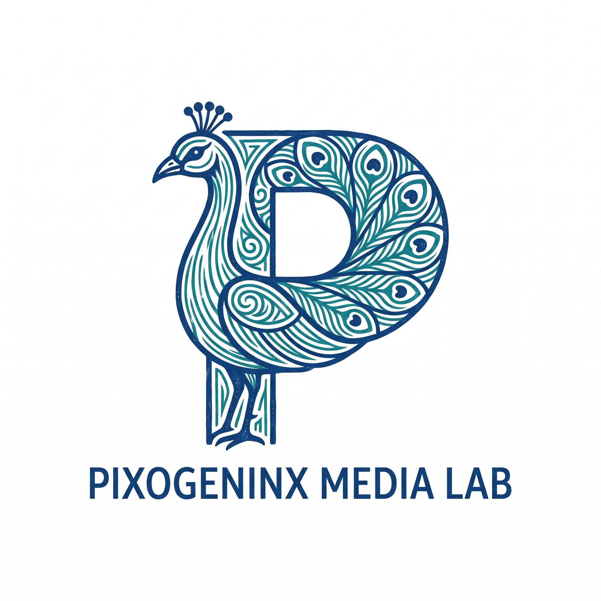 AI Design for Peacocks are majestic they are the national bird of INDIA plus Peacocks are related with Lord krishna so it also has a spiritual value. Make a logo with the letter "P". A peacock logo. The logo should look like a beautiful peacock is built on the letter P fully implemented withe the peacock. Like how kids draw an animal with alphabets. Just like that. It should Feel like the P has turned into a peacock. The logo must be vectorized and mono/dual color. This is a logo for my agency name d"Pixogeninx Media Lab"