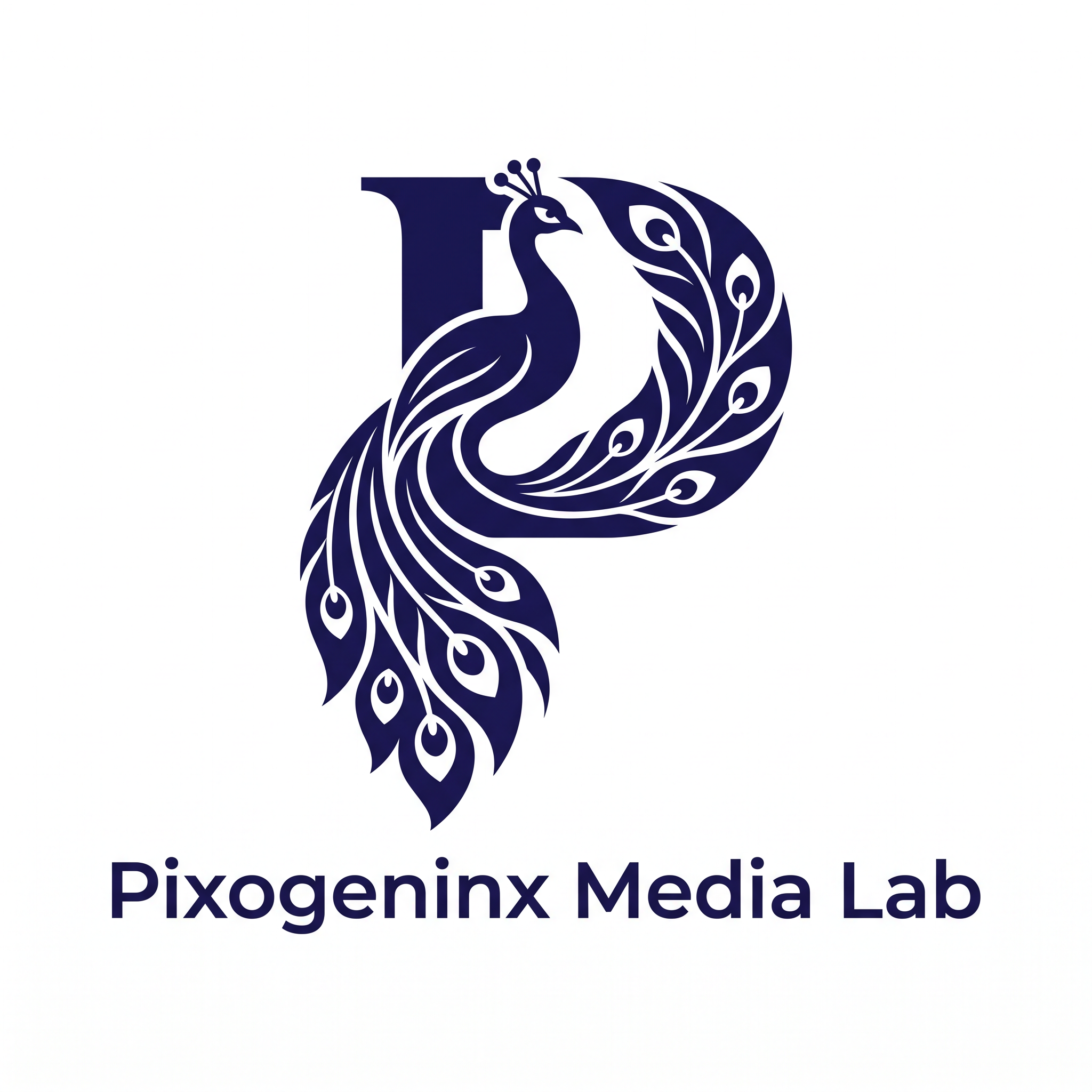 AI Design for Peacocks are majestic they are the national bird of INDIA plus Peacocks are related with Lord krishna so it also has a spiritual value. Make a logo with the letter "P". A peacock logo. The logo should look like a beautiful peacock is built on the letter P fully implemented withe the peacock. Like how kids draw an animal with alphabets. Just like that. It should Feel like the P has turned into a peacock. The logo must be vectorized and single or dual color. This is a logo for my agency named "Pixogeninx Media Lab". Logo must not be colorful or 3d. It should be 2d Flat vector. I want a simple luxury professional and modern vibe