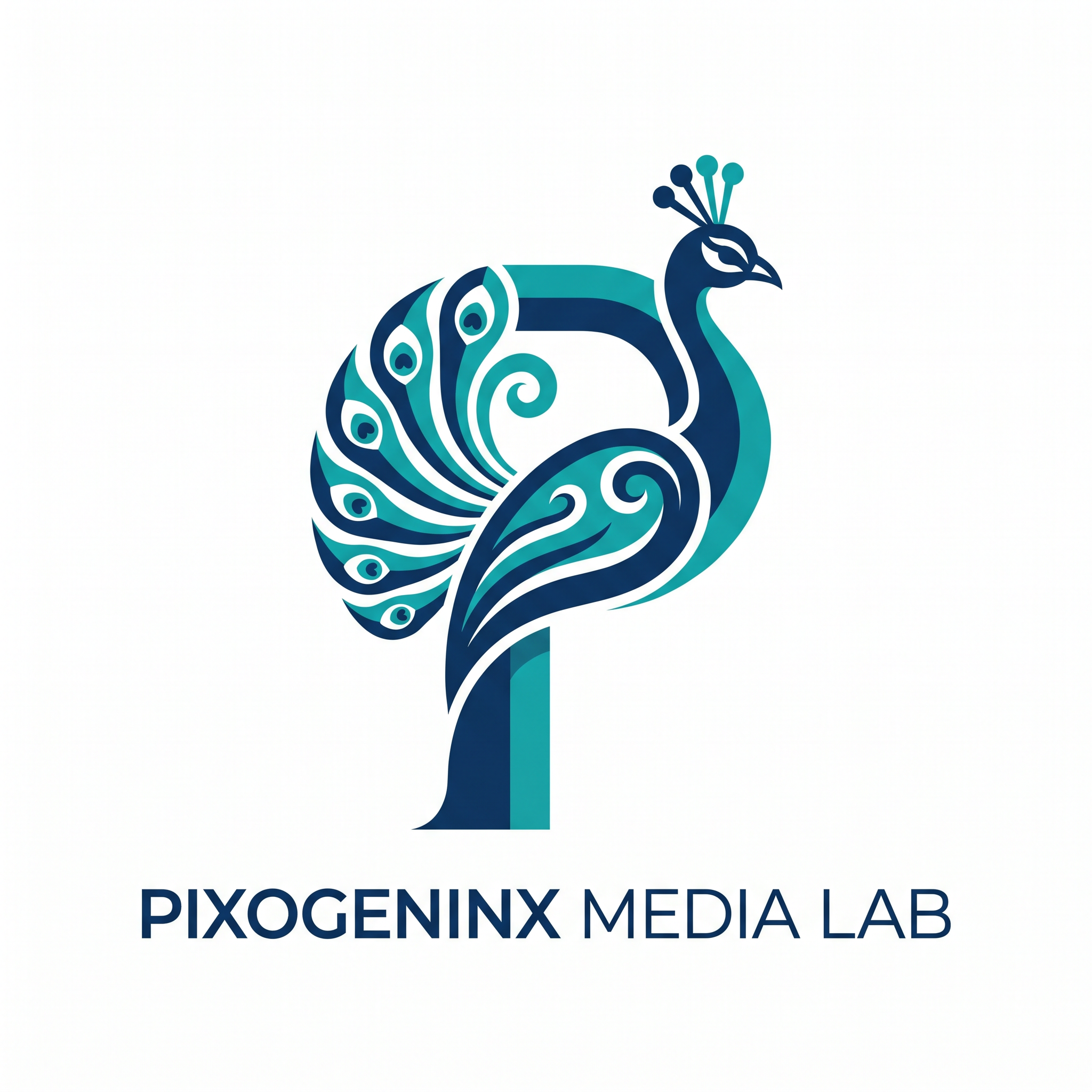 AI Design for Peacocks are majestic they are the national bird of INDIA plus Peacocks are related with Lord krishna so it also has a spiritual value. Make a logo with the letter "P". A peacock logo. The logo should look like a beautiful peacock is built on the letter P fully implemented withe the peacock. Like how kids draw an animal with alphabets. Just like that. It should Feel like the P has turned into a peacock. The logo must be vectorized and mono/dual color. This is a logo for my agency name d"Pixogeninx Media Lab"