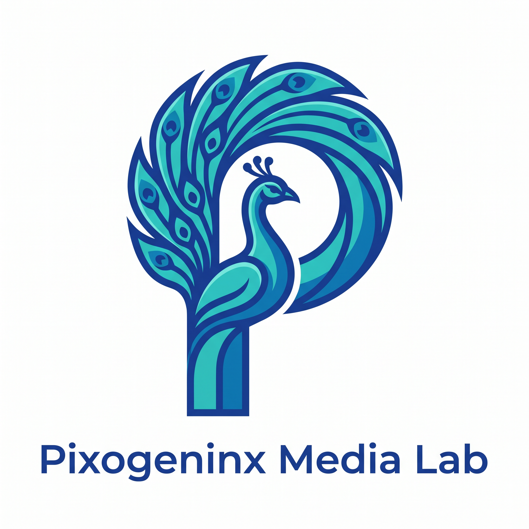 AI Design for Peacocks are majestic they are the national bird of INDIA plus Peacocks are related with Lord krishna so it also has a spiritual value. Make a logo with the letter "P". A peacock logo. The logo should look like a beautiful peacock is built on the letter P fully implemented withe the peacock. Like how kids draw an animal with alphabets. Just like that. It should Feel like the P has turned into a peacock. The logo must be vectorized and mono/dual color. This is a logo for my agency name d"Pixogeninx Media Lab"