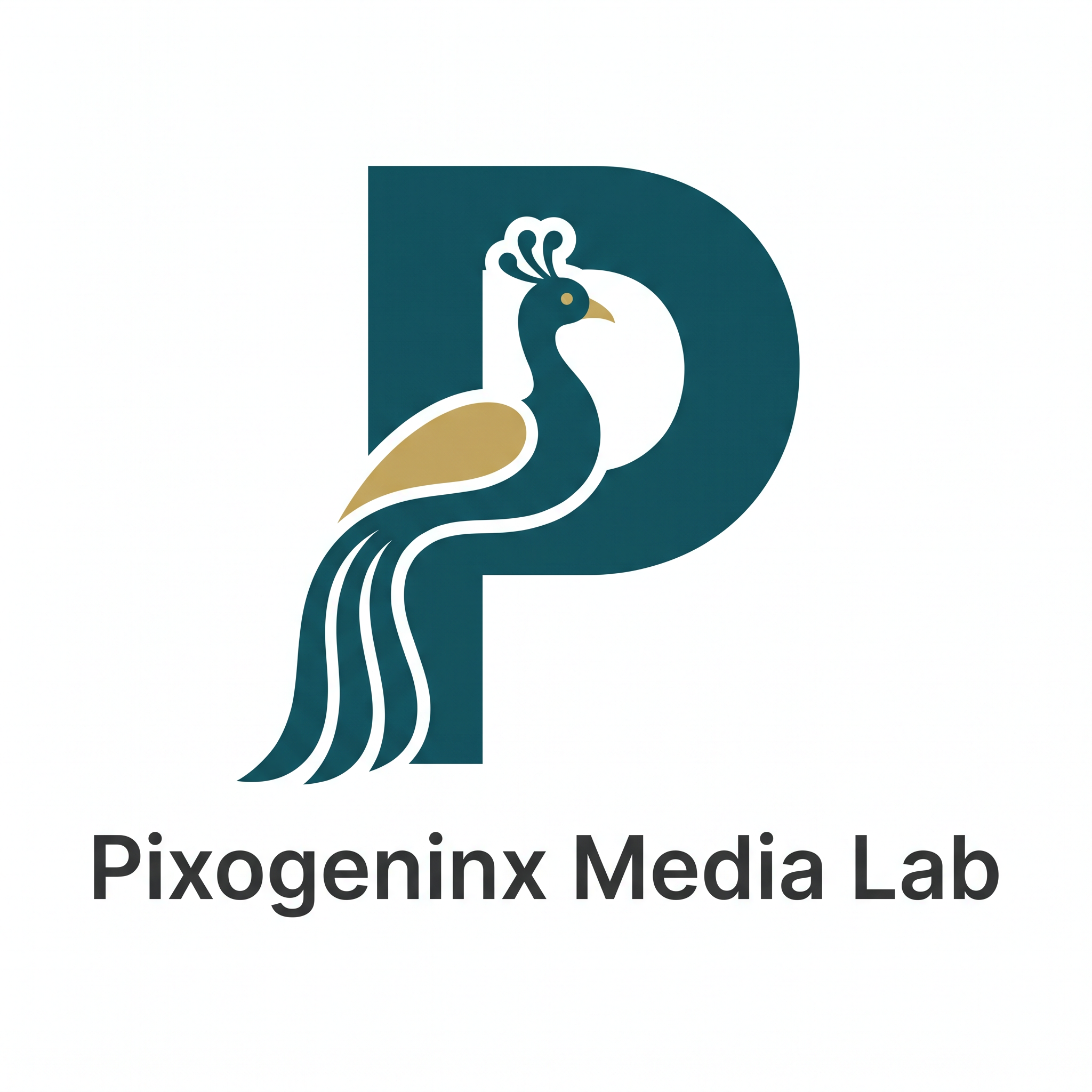 AI Design for Peacocks are majestic they are the national bird of INDIA plus Peacocks are related with Lord krishna so it also has a spiritual value. Make a logo with the letter "P". A peacock logo. The logo should look like a beautiful peacock is built on the letter P fully implemented withe the peacock. Like how kids draw an animal with alphabets. Just like that. It should Feel like the P has turned into a peacock. The logo must be vectorized and single or dual color. This is a logo for my agency named "Pixogeninx Media Lab". Logo must not be colorful or 3d. It should be 2d Flat vector. I want a simple luxury professional and modern vibe