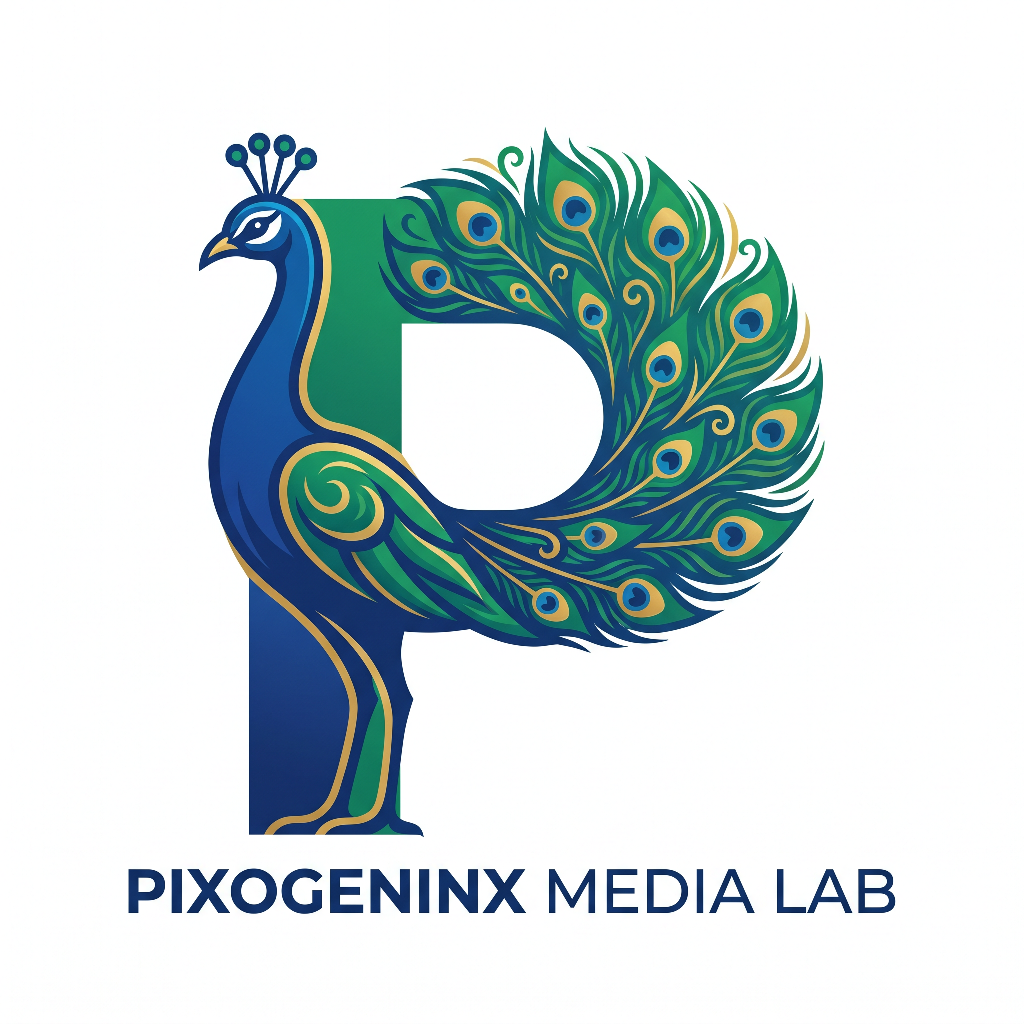 AI Design for Peacocks are majestic they are the national bird of INDIA plus Peacocks are related with Lord krishna so it also has a spiritual value. Make a logo with the letter "P". A peacock logo. The logo should look like a beautiful peacock is built on the letter P fully implemented withe the peacock. Like how kids draw an animal with alphabets. Just like that. It should Feel like the P has turned into a peacock. The logo must be vectorized and mono/dual color. This is a logo for my agency name d"Pixogeninx Media Lab"