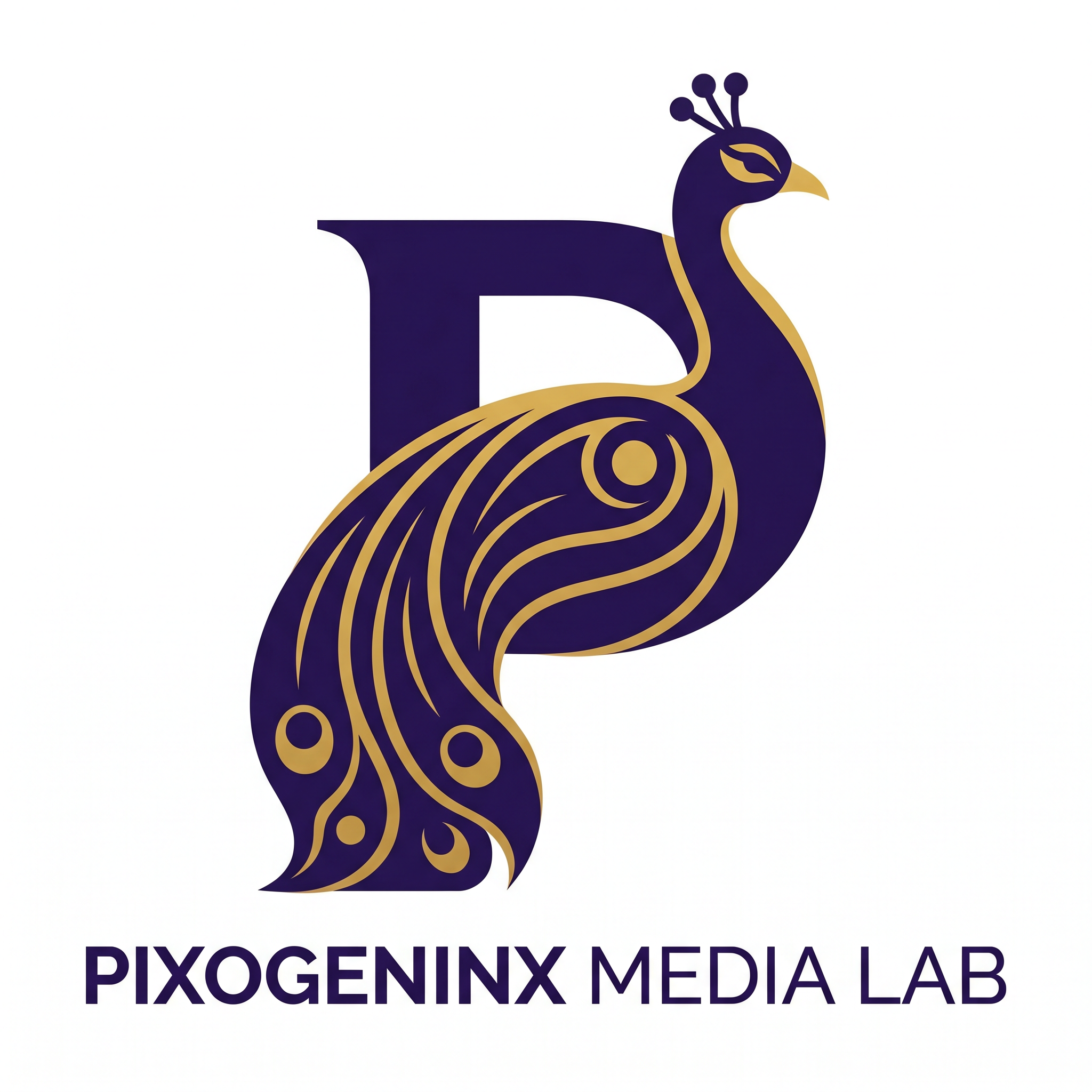 AI Design for Peacocks are majestic they are the national bird of INDIA plus Peacocks are related with Lord krishna so it also has a spiritual value. Make a logo with the letter "P". A peacock logo. The logo should look like a beautiful peacock is built on the letter P fully implemented withe the peacock. Like how kids draw an animal with alphabets. Just like that. It should Feel like the P has turned into a peacock. The logo must be vectorized and mono/dual color. This is a logo for my agency name d"Pixogeninx Media Lab"