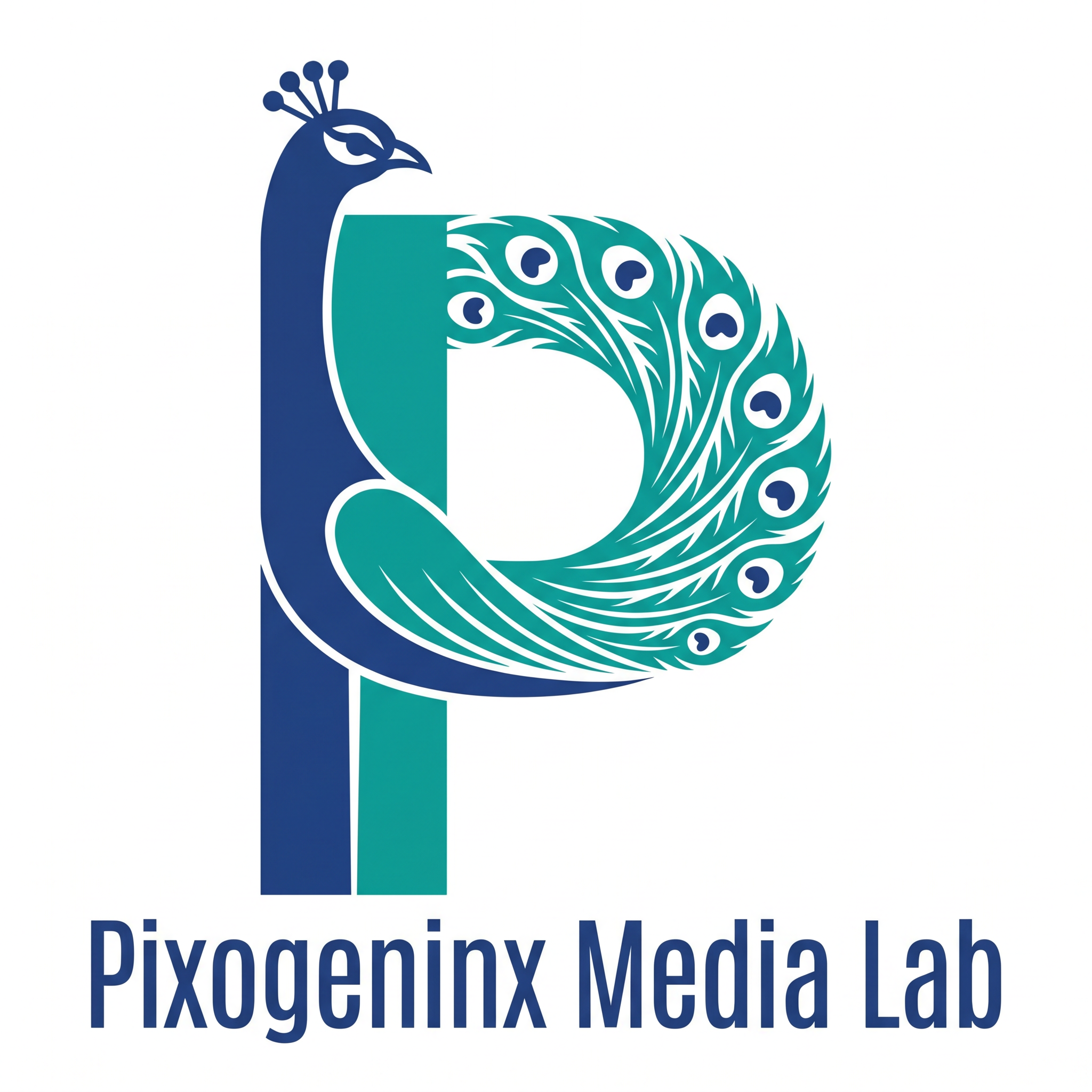AI Design for Peacocks are majestic they are the national bird of INDIA plus Peacocks are related with Lord krishna so it also has a spiritual value. Make a logo with the letter "P". A peacock logo. The logo should look like a beautiful peacock is built on the letter P fully implemented withe the peacock. Like how kids draw an animal with alphabets. Just like that. It should Feel like the P has turned into a peacock. The logo must be vectorized and mono/dual color. This is a logo for my agency name d"Pixogeninx Media Lab"