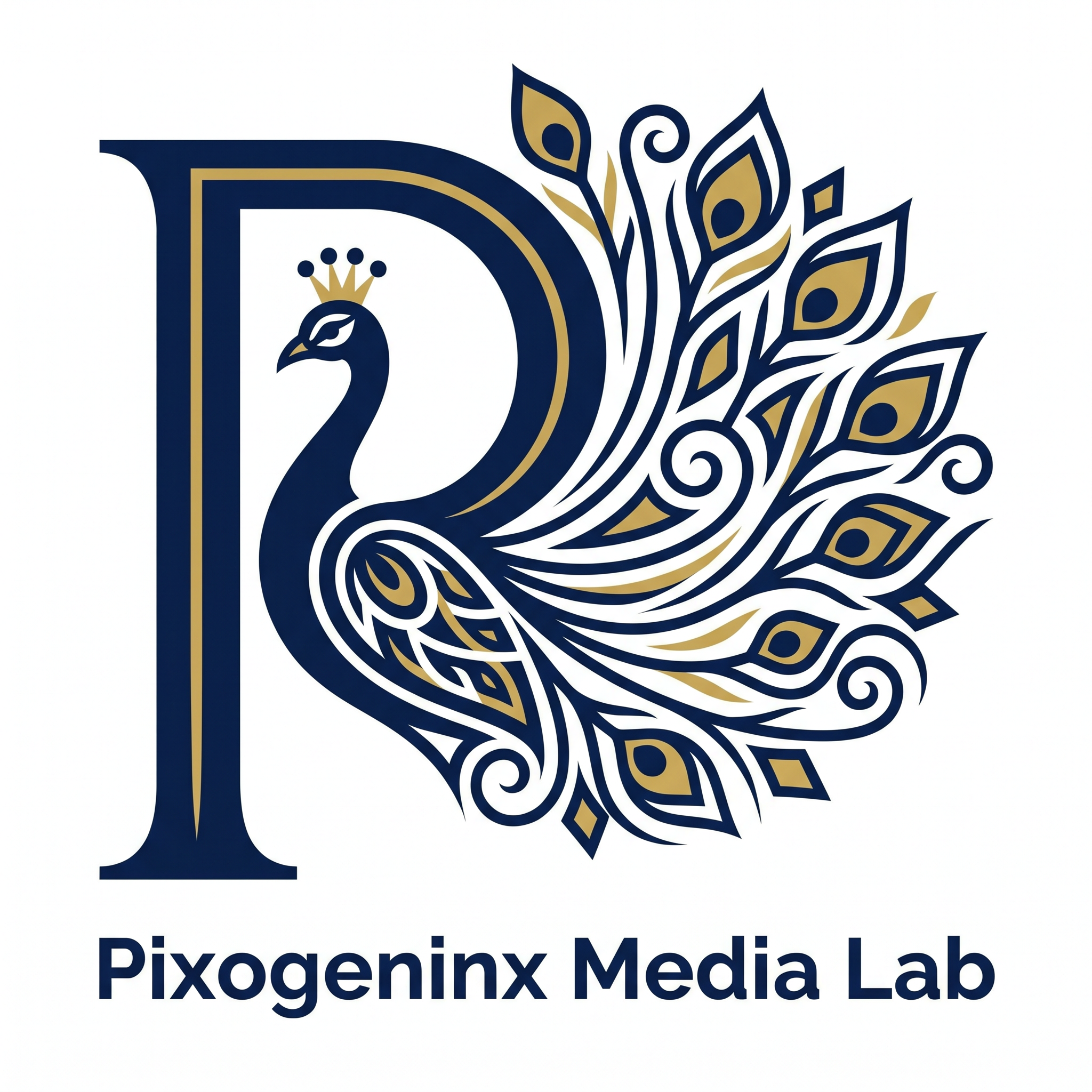 AI Design for Peacocks are majestic they are the national bird of INDIA plus Peacocks are related with Lord krishna so it also has a spiritual value. Make a logo with the letter "P". A peacock logo. The logo should look like a beautiful peacock is built on the letter P fully implemented withe the peacock. Like how kids draw an animal with alphabets. Just like that. It should Feel like the P has turned into a peacock. The logo must be vectorized and mono/dual color. This is a logo for my agency name d"Pixogeninx Media Lab"