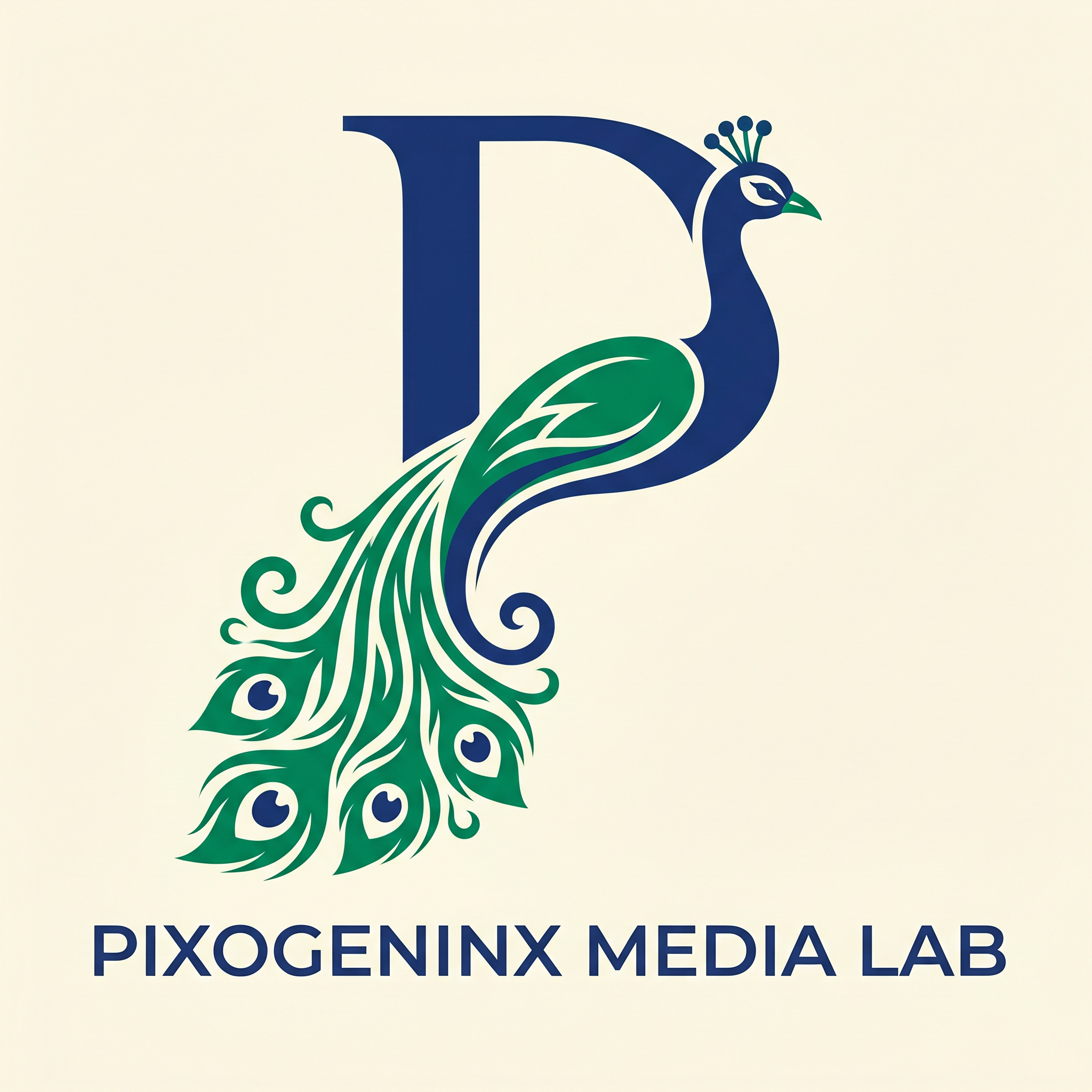 AI Design for Peacocks are majestic they are the national bird of INDIA plus Peacocks are related with Lord krishna so it also has a spiritual value. Make a logo with the letter "P". A peacock logo. The logo should look like a beautiful peacock is built on the letter P fully implemented withe the peacock. Like how kids draw an animal with alphabets. Just like that. It should Feel like the P has turned into a peacock. The logo must be vectorized and mono/dual color. This is a logo for my agency name d"Pixogeninx Media Lab"