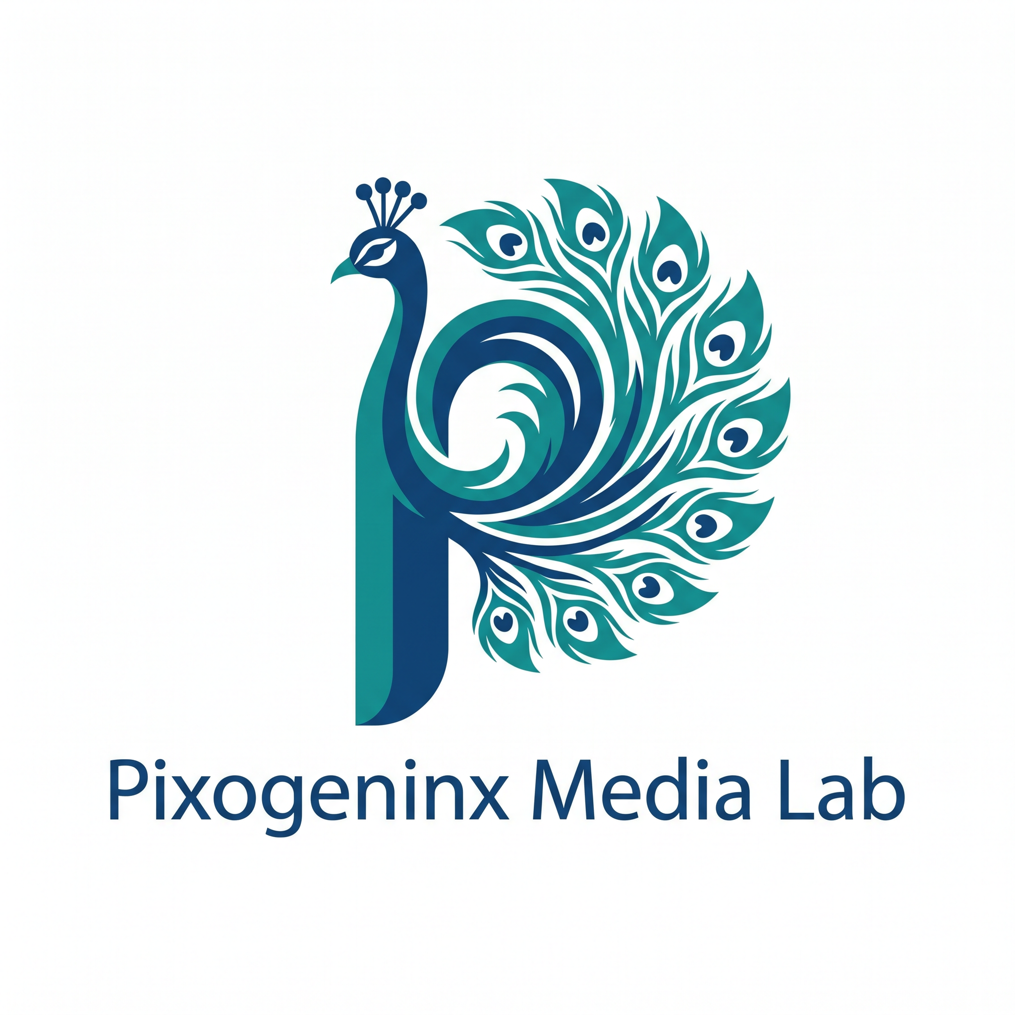 AI Design for Peacocks are majestic they are the national bird of INDIA plus Peacocks are related with Lord krishna so it also has a spiritual value. Make a logo with the letter "P". A peacock logo. The logo should look like a beautiful peacock is built on the letter P fully implemented withe the peacock. Like how kids draw an animal with alphabets. Just like that. It should Feel like the P has turned into a peacock. The logo must be vectorized and mono/dual color. This is a logo for my agency name d"Pixogeninx Media Lab"