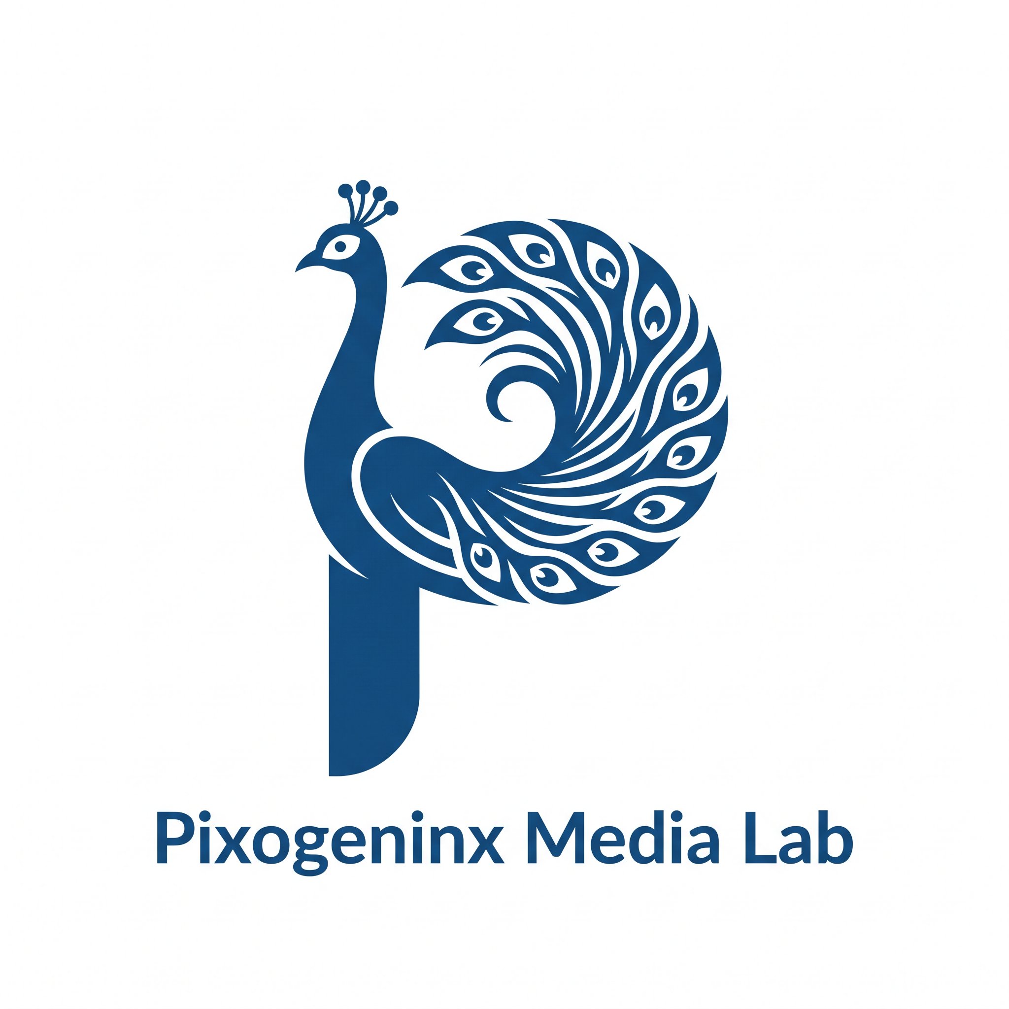 AI Design for Peacocks are majestic they are the national bird of INDIA plus Peacocks are related with Lord krishna so it also has a spiritual value. Make a logo with the letter "P". A peacock logo. The logo should look like a beautiful peacock is built on the letter P fully implemented withe the peacock. Like how kids draw an animal with alphabets. Just like that. It should Feel like the P has turned into a peacock. The logo must be vectorized and single or dual color. This is a logo for my agency named "Pixogeninx Media Lab". Logo must not be colorful or 3d. It should be 2d Flat vector. I want a simple luxury professional and modern vibe