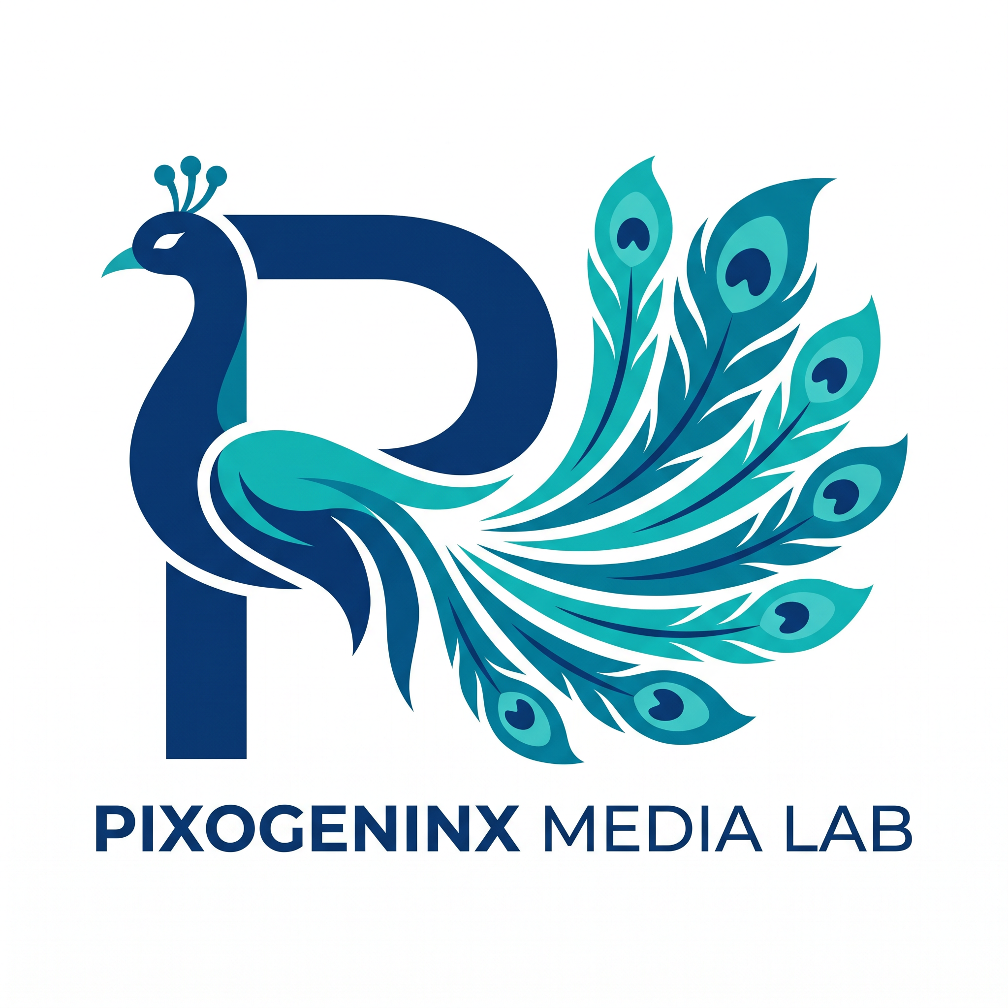 AI Design for Peacocks are majestic they are the national bird of INDIA plus Peacocks are related with Lord krishna so it also has a spiritual value. Make a logo with the letter "P". A peacock logo. The logo should look like a beautiful peacock is built on the letter P fully implemented withe the peacock. Like how kids draw an animal with alphabets. Just like that. It should Feel like the P has turned into a peacock. The logo must be vectorized and mono/dual color. This is a logo for my agency name d"Pixogeninx Media Lab"
