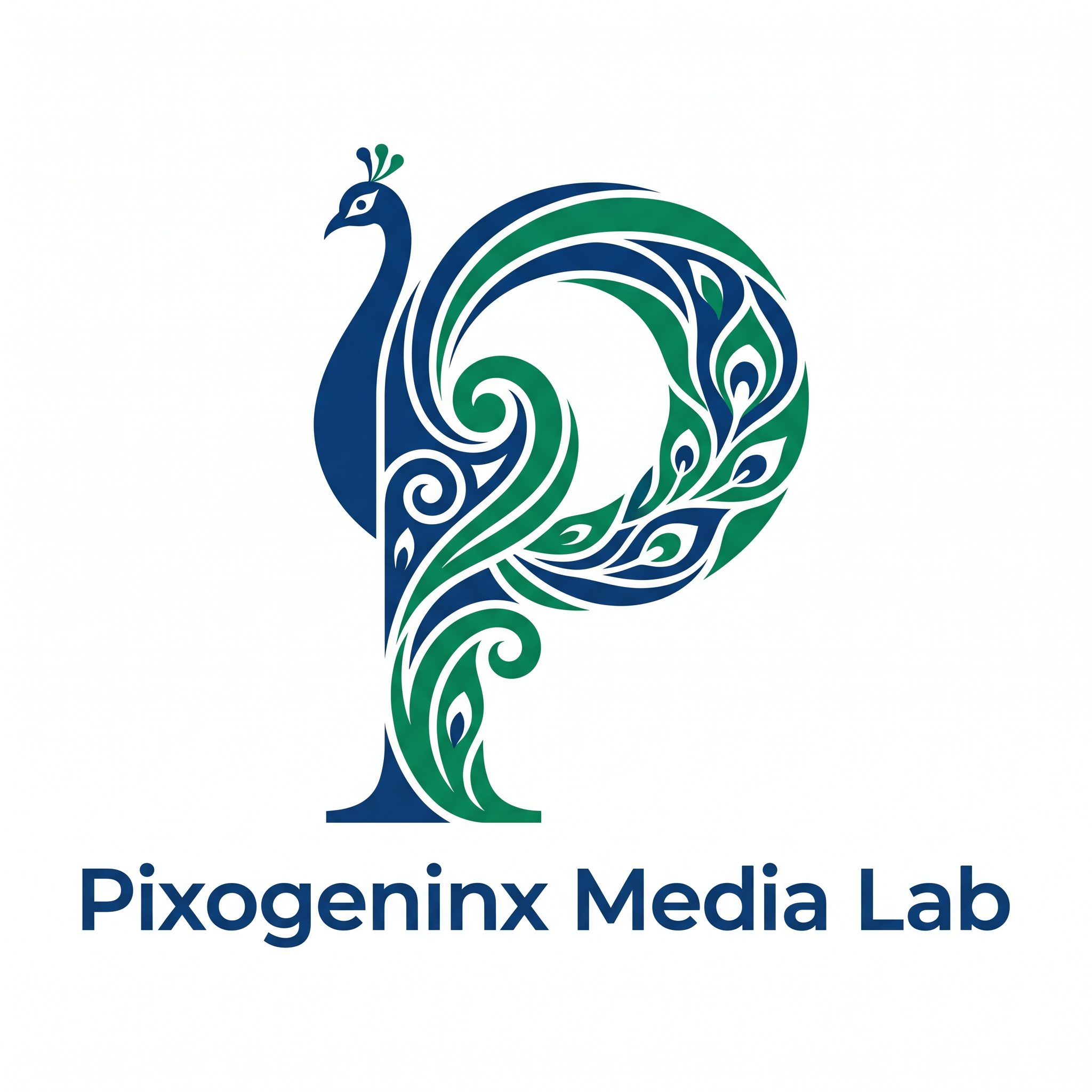 AI Design for Peacocks are majestic they are the national bird of INDIA plus Peacocks are related with Lord krishna so it also has a spiritual value. Make a logo with the letter "P". A peacock logo. The logo should look like a beautiful peacock is built on the letter P fully implemented withe the peacock. Like how kids draw an animal with alphabets. Just like that. It should Feel like the P has turned into a peacock. The logo must be vectorized and mono/dual color. This is a logo for my agency name d"Pixogeninx Media Lab"
