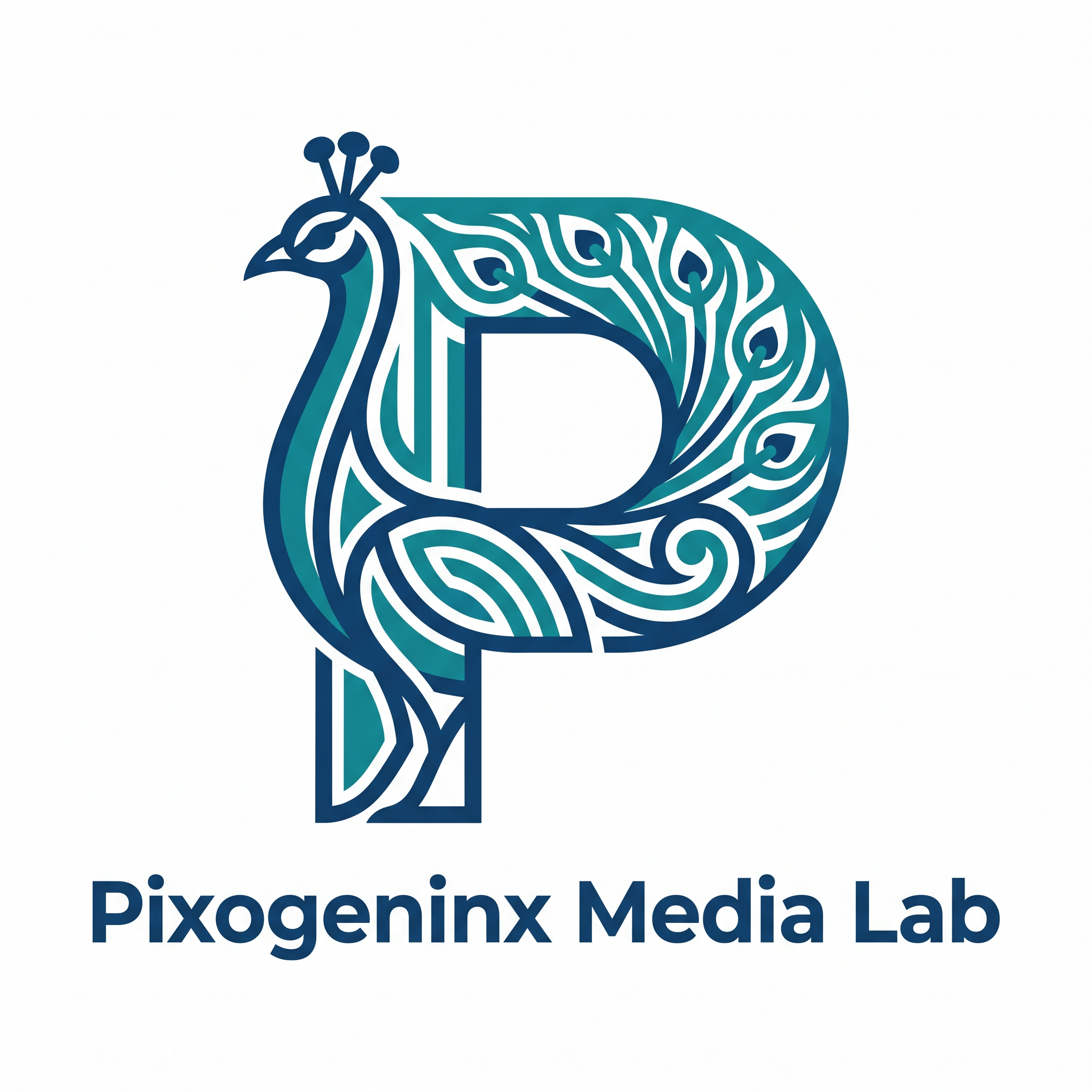 AI Design for Peacocks are majestic they are the national bird of INDIA plus Peacocks are related with Lord krishna so it also has a spiritual value. Make a logo with the letter "P". A peacock logo. The logo should look like a beautiful peacock is built on the letter P fully implemented withe the peacock. Like how kids draw an animal with alphabets. Just like that. It should Feel like the P has turned into a peacock. The logo must be vectorized and mono/dual color. This is a logo for my agency name d"Pixogeninx Media Lab"