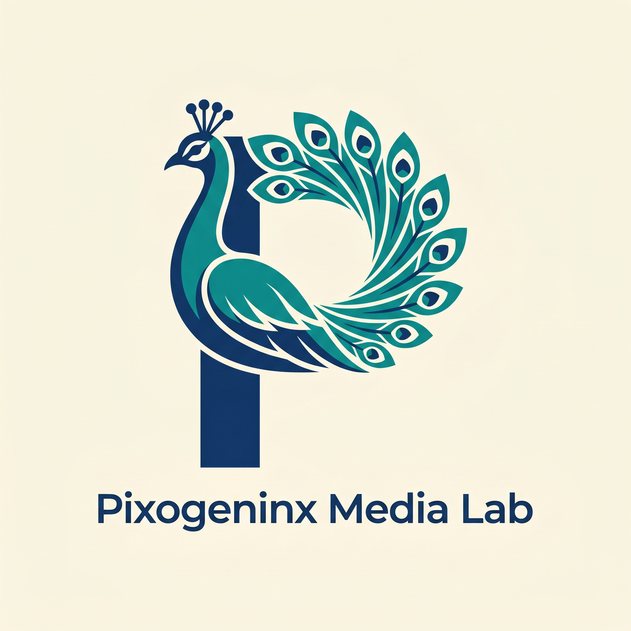 AI Design for Peacocks are majestic they are the national bird of INDIA plus Peacocks are related with Lord krishna so it also has a spiritual value. Make a logo with the letter "P". A peacock logo. The logo should look like a beautiful peacock is built on the letter P fully implemented withe the peacock. Like how kids draw an animal with alphabets. Just like that. It should Feel like the P has turned into a peacock. The logo must be vectorized and mono/dual color. This is a logo for my agency name d"Pixogeninx Media Lab"