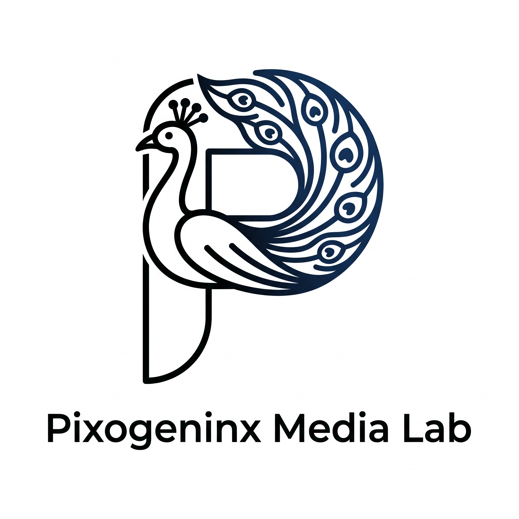 AI Design for Peacocks are majestic they are the national bird of INDIA plus Peacocks are related with Lord krishna so it also has a spiritual value. Make a logo with the letter "P". A peacock logo. The logo should look like a beautiful peacock is built on the letter P fully implemented withe the peacock. Like how kids draw an animal with alphabets. Just like that. It should Feel like the P has turned into a peacock. The logo must be vectorized and mono/dual color. This is a logo for my agency name d"Pixogeninx Media Lab"