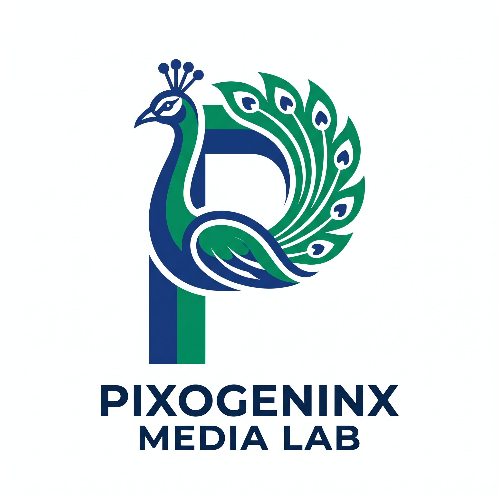 AI Design for Peacocks are majestic they are the national bird of INDIA plus Peacocks are related with Lord krishna so it also has a spiritual value. Make a logo with the letter "P". A peacock logo. The logo should look like a beautiful peacock is built on the letter P fully implemented withe the peacock. Like how kids draw an animal with alphabets. Just like that. It should Feel like the P has turned into a peacock. The logo must be vectorized and mono/dual color. This is a logo for my agency name d"Pixogeninx Media Lab"