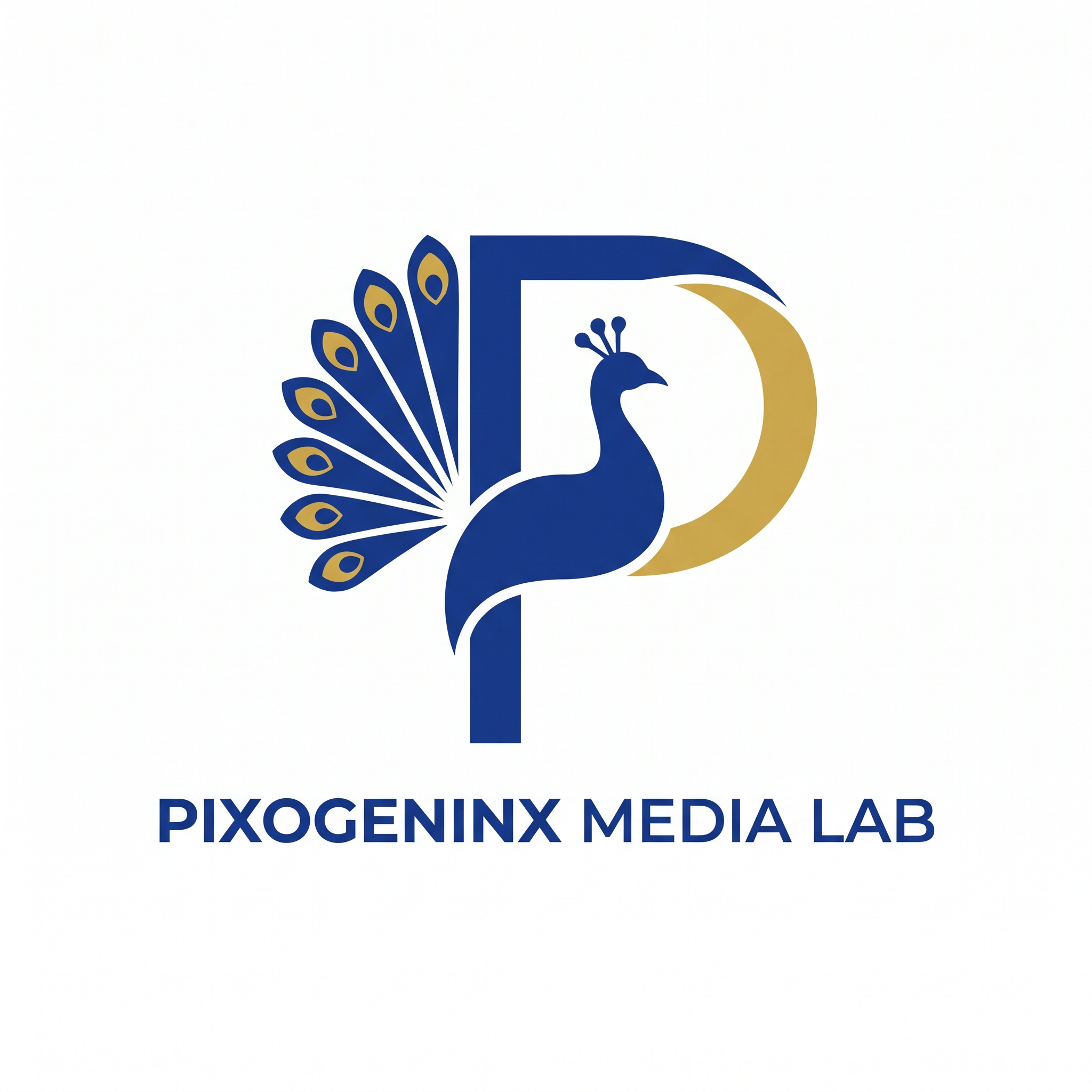 AI Design for Peacocks are majestic they are the national bird of INDIA plus Peacocks are related with Lord krishna so it also has a spiritual value. Make a logo with the letter "P". A peacock logo. The logo should look like a beautiful peacock is built on the letter P fully implemented withe the peacock. Like how kids draw an animal with alphabets. Just like that. It should Feel like the P has turned into a peacock. The logo must be vectorized and single or dual color. This is a logo for my agency named "Pixogeninx Media Lab". Logo must not be colorful or 3d. It should be 2d Flat vector. I want a simple luxury professional and modern vibe