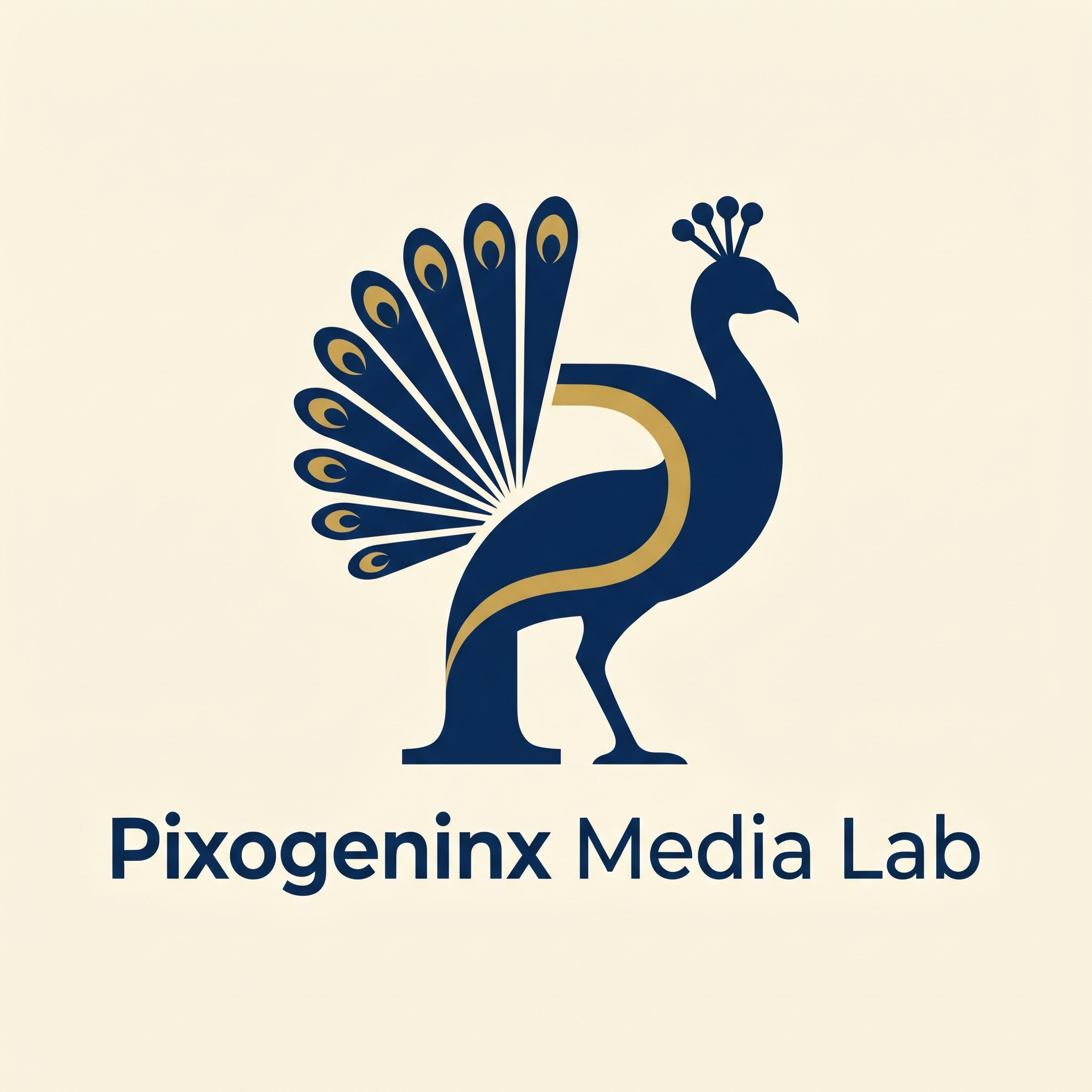 AI Design for Peacocks are majestic they are the national bird of INDIA plus Peacocks are related with Lord krishna so it also has a spiritual value. Make a logo with the letter "P". A peacock logo. The logo should look like a beautiful peacock is built on the letter P fully implemented withe the peacock. Like how kids draw an animal with alphabets. Just like that. It should Feel like the P has turned into a peacock. The logo must be vectorized and single or dual color. This is a logo for my agency named "Pixogeninx Media Lab". Logo must not be colorful or 3d. It should be 2d Flat vector. I want a simple luxury professional and modern vibe