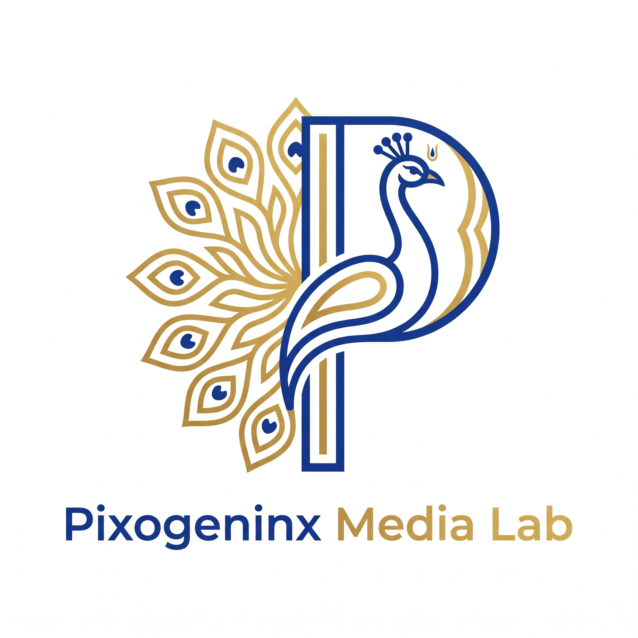 AI Design for Peacocks are majestic they are the national bird of INDIA plus Peacocks are related with Lord krishna so it also has a spiritual value. Make a logo with the letter "P". A peacock logo. The logo should look like a beautiful peacock is built on the letter P fully implemented withe the peacock. Like how kids draw an animal with alphabets. Just like that. It should Feel like the P has turned into a peacock. The logo must be vectorized and single or dual color. This is a logo for my agency named "Pixogeninx Media Lab". Logo must not be colorful or 3d. It should be 2d Flat vector. I want a simple luxury professional and modern vibe