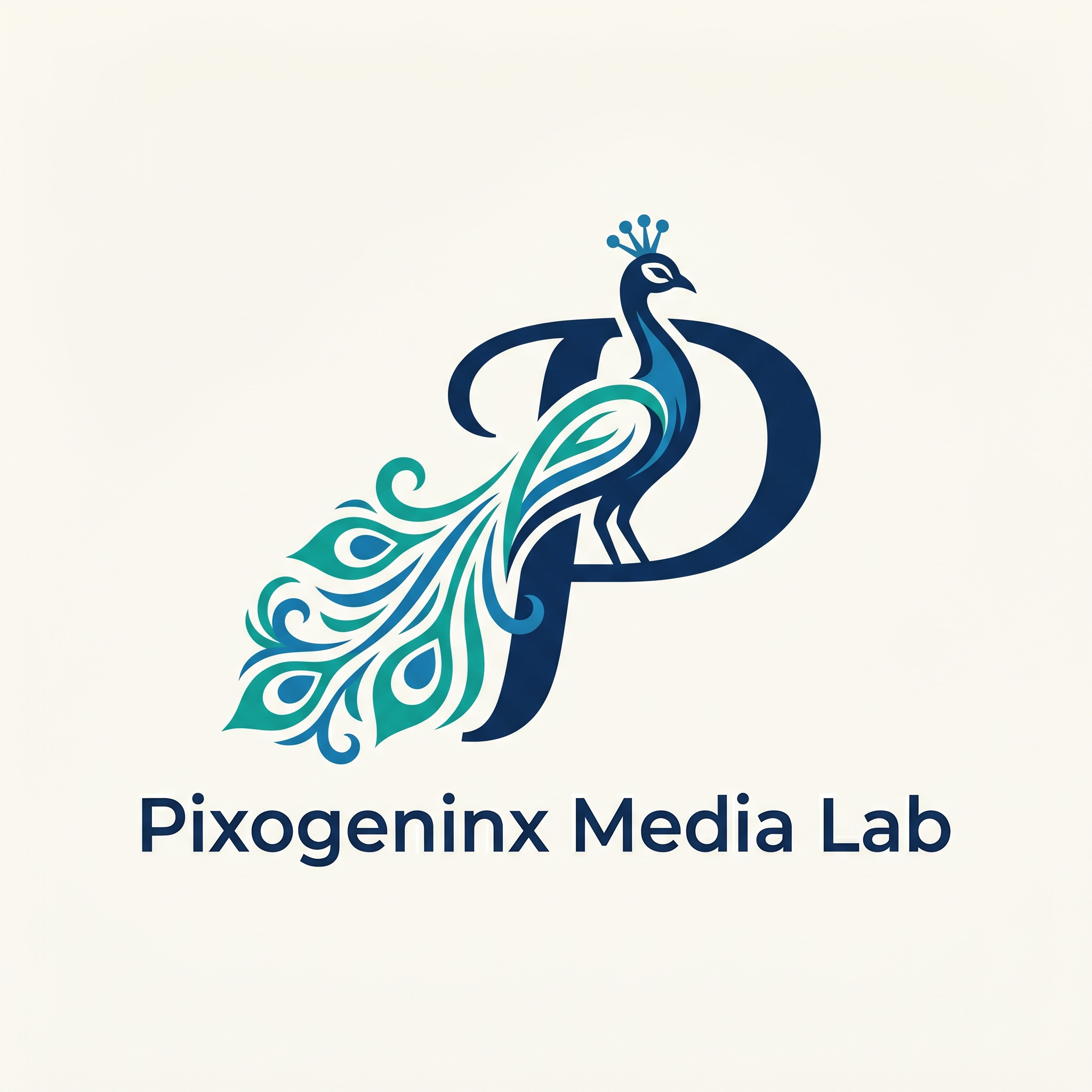 AI Design for Peacocks are majestic they are the national bird of INDIA plus Peacocks are related with Lord krishna so it also has a spiritual value. Make a logo with the letter "P". A peacock logo. The logo should look like a beautiful peacock is built on the letter P fully implemented withe the peacock. Like how kids draw an animal with alphabets. Just like that. It should Feel like the P has turned into a peacock. The logo must be vectorized and mono/dual color. This is a logo for my agency name d"Pixogeninx Media Lab"