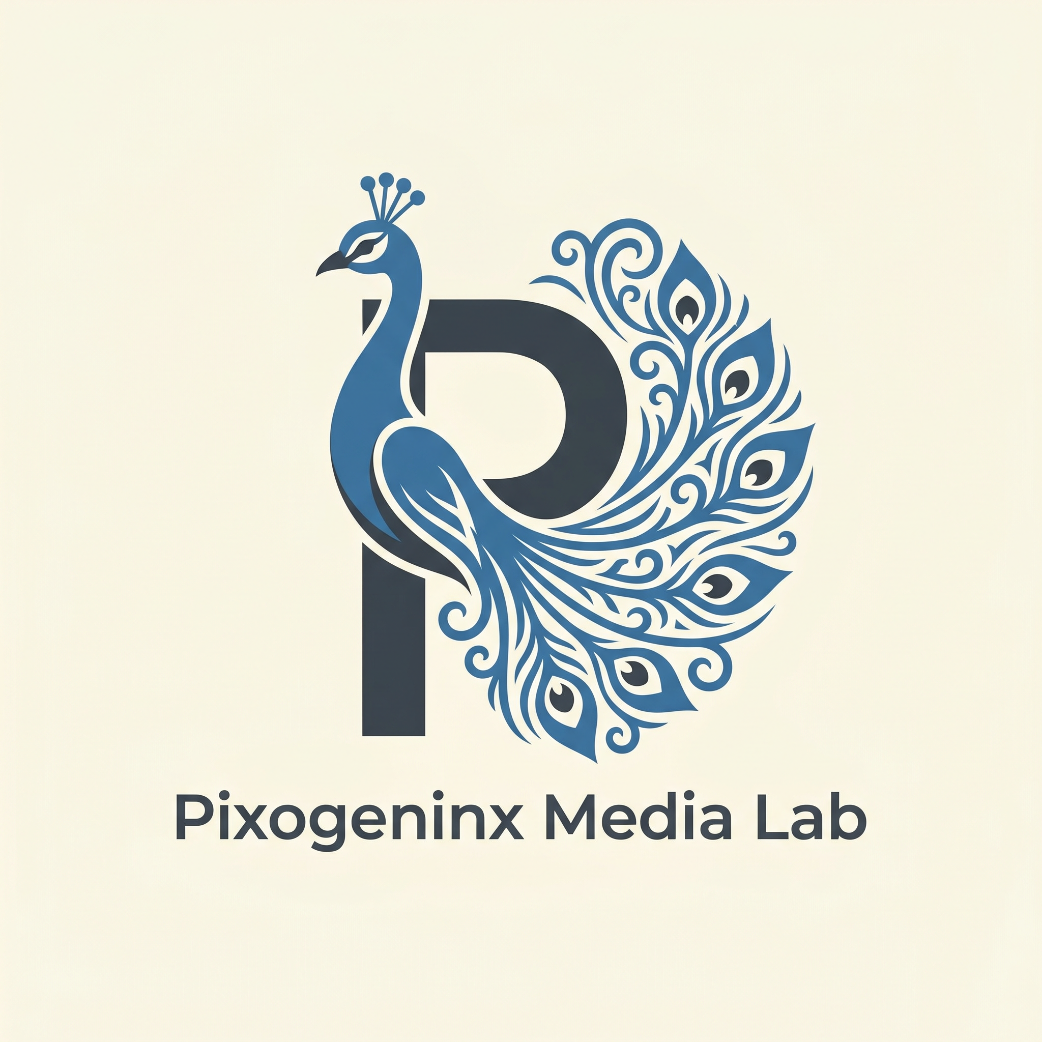 AI Design for Peacocks are majestic they are the national bird of INDIA plus Peacocks are related with Lord krishna so it also has a spiritual value. Make a logo with the letter "P". A peacock logo. The logo should look like a beautiful peacock is built on the letter P fully implemented withe the peacock. Like how kids draw an animal with alphabets. Just like that. It should Feel like the P has turned into a peacock. The logo must be vectorized and mono/dual color. This is a logo for my agency name d"Pixogeninx Media Lab"
