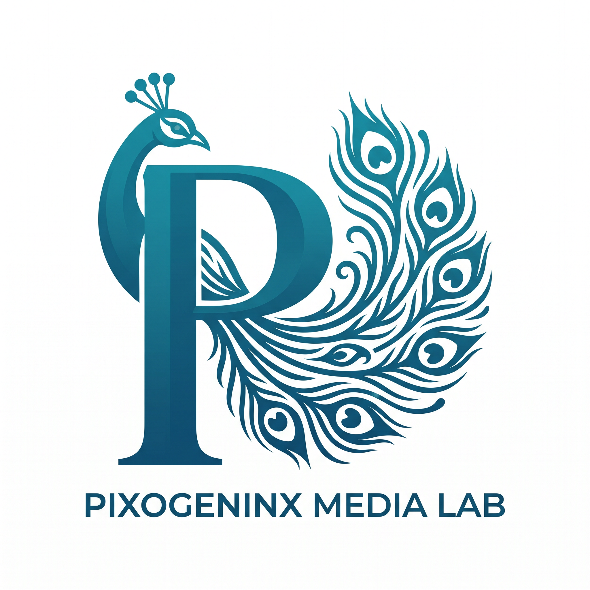 AI Design for Peacocks are majestic they are the national bird of INDIA plus Peacocks are related with Lord krishna so it also has a spiritual value. Make a logo with the letter "P". A peacock logo. The logo should look like a beautiful peacock is built on the letter P fully implemented withe the peacock. Like how kids draw an animal with alphabets. Just like that. It should Feel like the P has turned into a peacock. The logo must be vectorized and mono/dual color. This is a logo for my agency name d"Pixogeninx Media Lab"