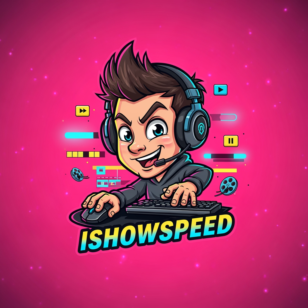 AI Design for design custom logo for yt chanel based on editing ishowspeed.i want logo backround to be a pink but wearid pink.and i want the custom made character in center