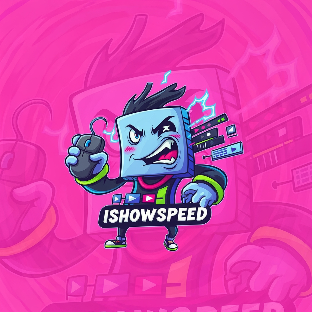 AI Design for design custom logo for yt chanel based on editing ishowspeed.i want logo backround to be a pink but wearid pink.and i want the custom made character in center