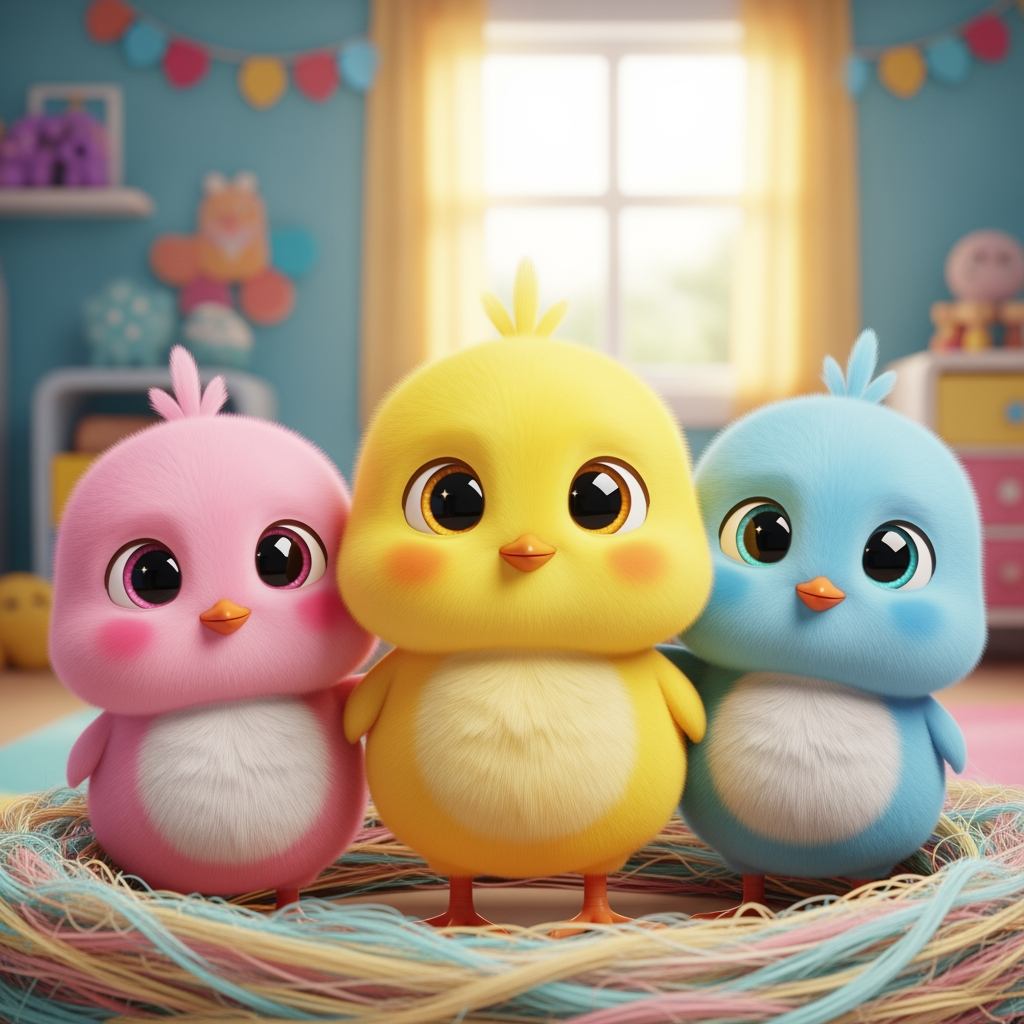 AI Design for Chubby Chooza (Cheerful Chicks) — 3 cute baby chicks

Rang birange teen chonche — ek peela (hero), ek gulabi aur ek neela. Din bhar ye ek safe ghoslay mein rehte hain aur chhote chhote problems solve karte hain, jaise "Apna khana kaise share karein". A cute 3D animated character with [color], [defining feature], big round kawaii eyes with sparkling pupils, small rosy cheeks, soft rounded body with pudgy limbs, friendly warm expression, standing in a bright colorful nursery room background, Pixar CoComelon inspired 3D render style, soft volumetric lighting, 8K resolution.