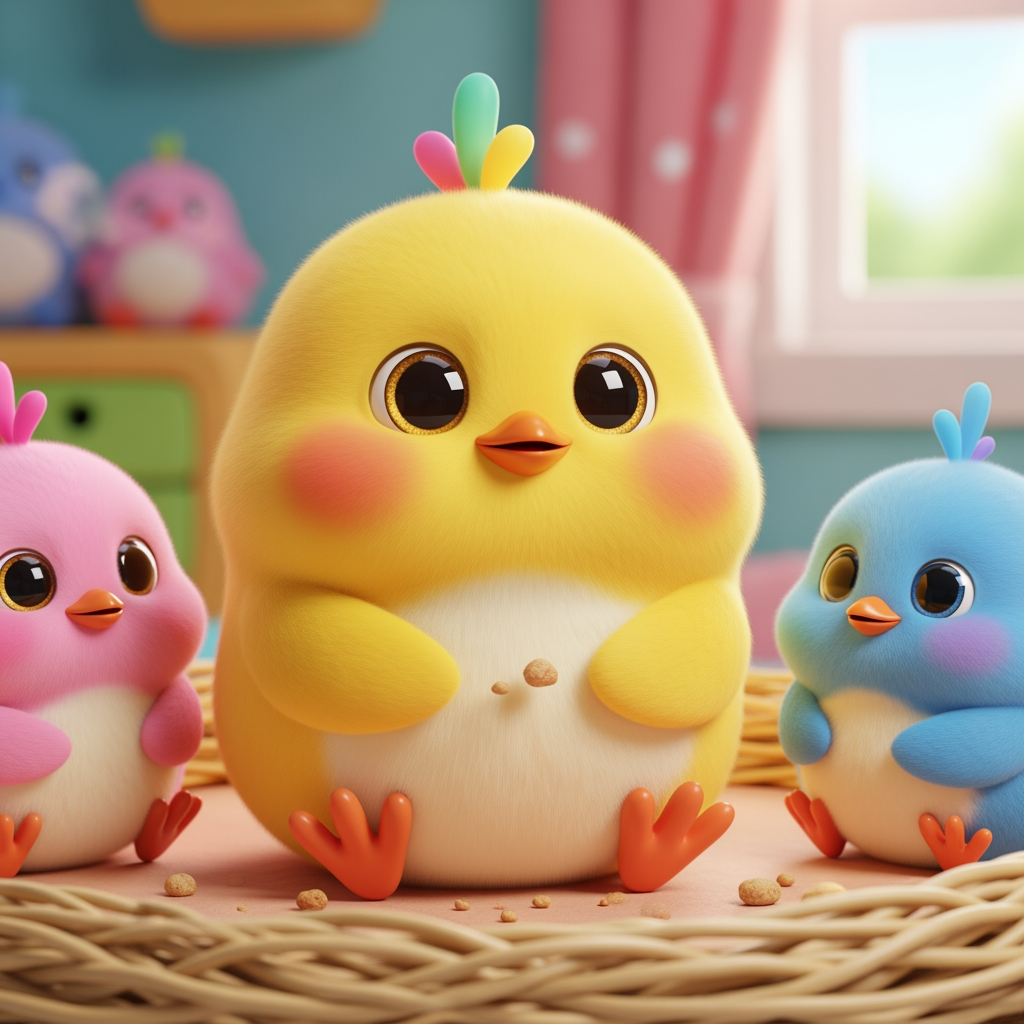AI Design for Chubby Chooza (Cheerful Chicks) — 3 cute baby chicks

Rang birange teen chonche — ek peela (hero), ek gulabi aur ek neela. Din bhar ye ek safe ghoslay mein rehte hain aur chhote chhote problems solve karte hain, jaise "Apna khana kaise share karein". A cute 3D animated character with [color], [defining feature], big round kawaii eyes with sparkling pupils, small rosy cheeks, soft rounded body with pudgy limbs, friendly warm expression, standing in a bright colorful nursery room background, Pixar CoComelon inspired 3D render style, soft volumetric lighting, 8K resolution.