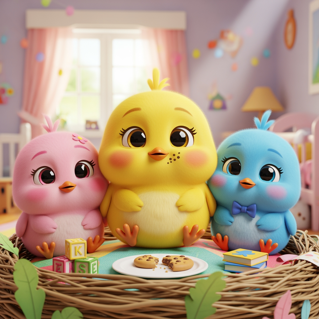 AI Design for Chubby Chooza (Cheerful Chicks) — 3 cute baby chicks

Rang birange teen chonche — ek peela (hero), ek gulabi aur ek neela. Din bhar ye ek safe ghoslay mein rehte hain aur chhote chhote problems solve karte hain, jaise "Apna khana kaise share karein". A cute 3D animated character with [color], [defining feature], big round kawaii eyes with sparkling pupils, small rosy cheeks, soft rounded body with pudgy limbs, friendly warm expression, standing in a bright colorful nursery room background, Pixar CoComelon inspired 3D render style, soft volumetric lighting, 8K resolution.