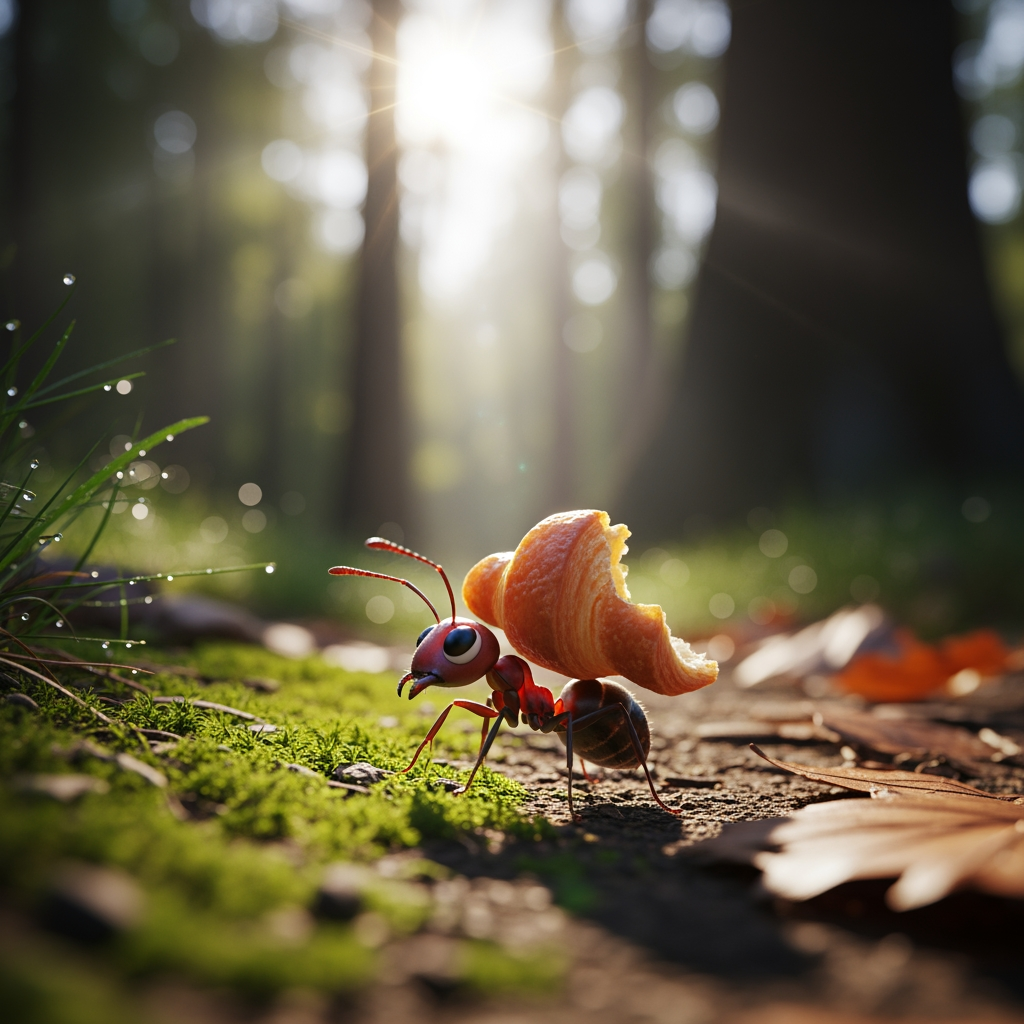 AI Design for A cute ant collecting food in a sunny forest