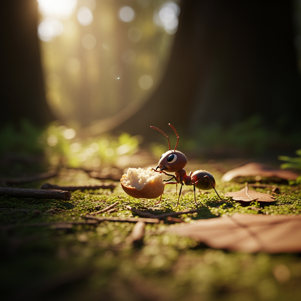AI Design for A cute ant collecting food in a sunny forest