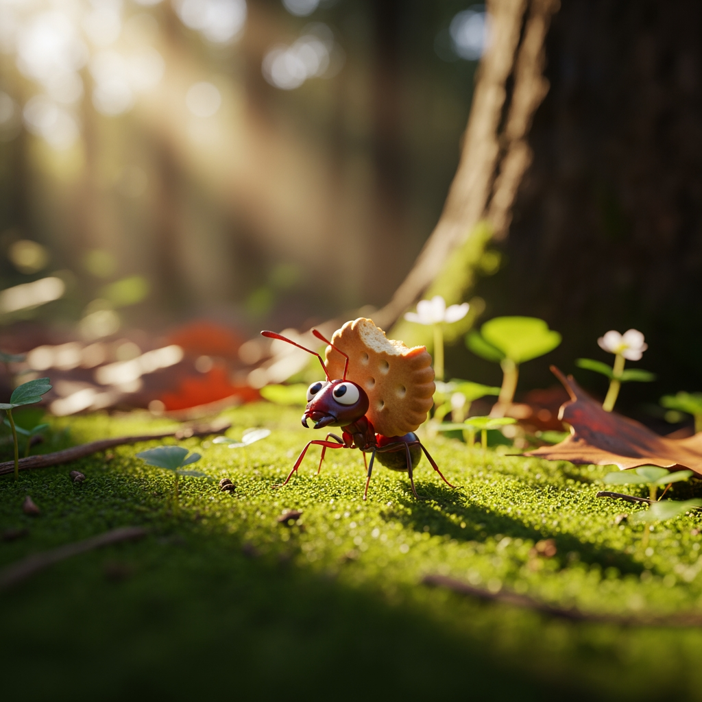AI Design for A cute ant collecting food in a sunny forest