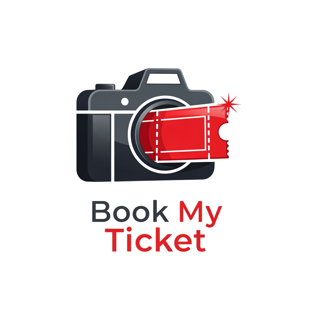 AI Design for ticket booking app logo like added to camera name book my ticket design in red colore